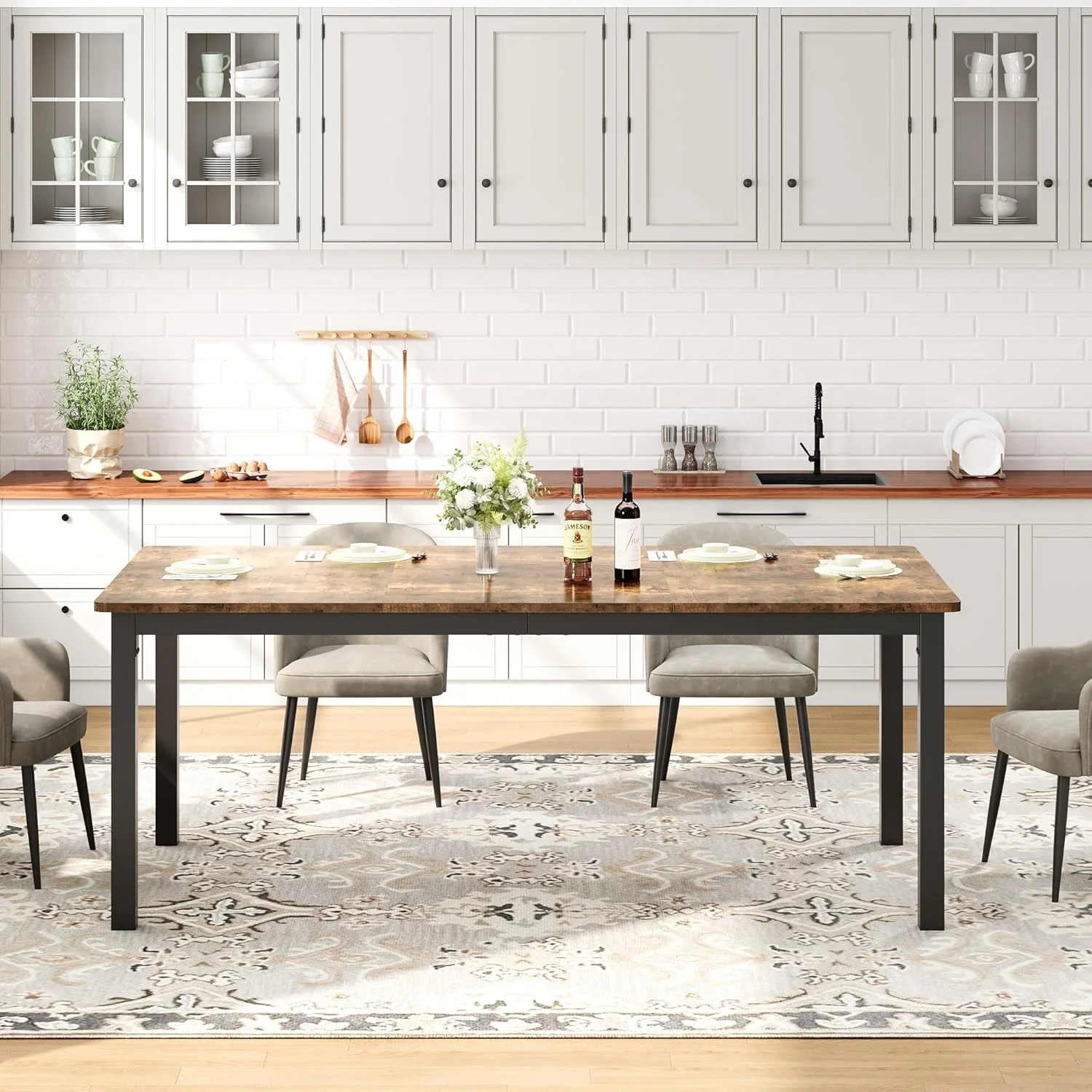 71 Inch Industrial Dining Table, Large Rectangle Kitchen Table with Metal Legs, Round Corners, Wooden Conference Tables Writing Desk for Dining Room, Living Room