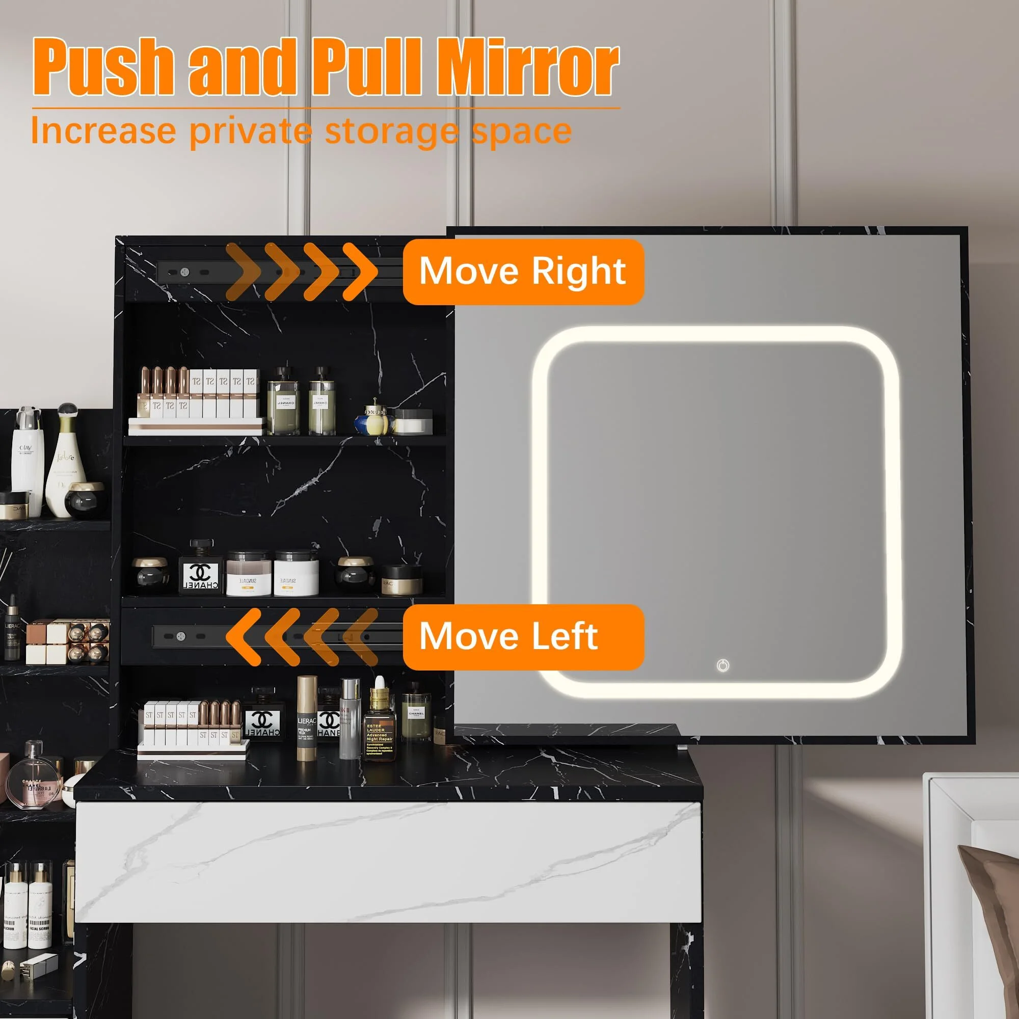 Vanity Desk with Sliding Mirror & Lights, Makeup Vanity Set with Charging Station 4 Drawers 7 Shelves, Large Vanity Set with Cushioned Stool for Bedroom, White