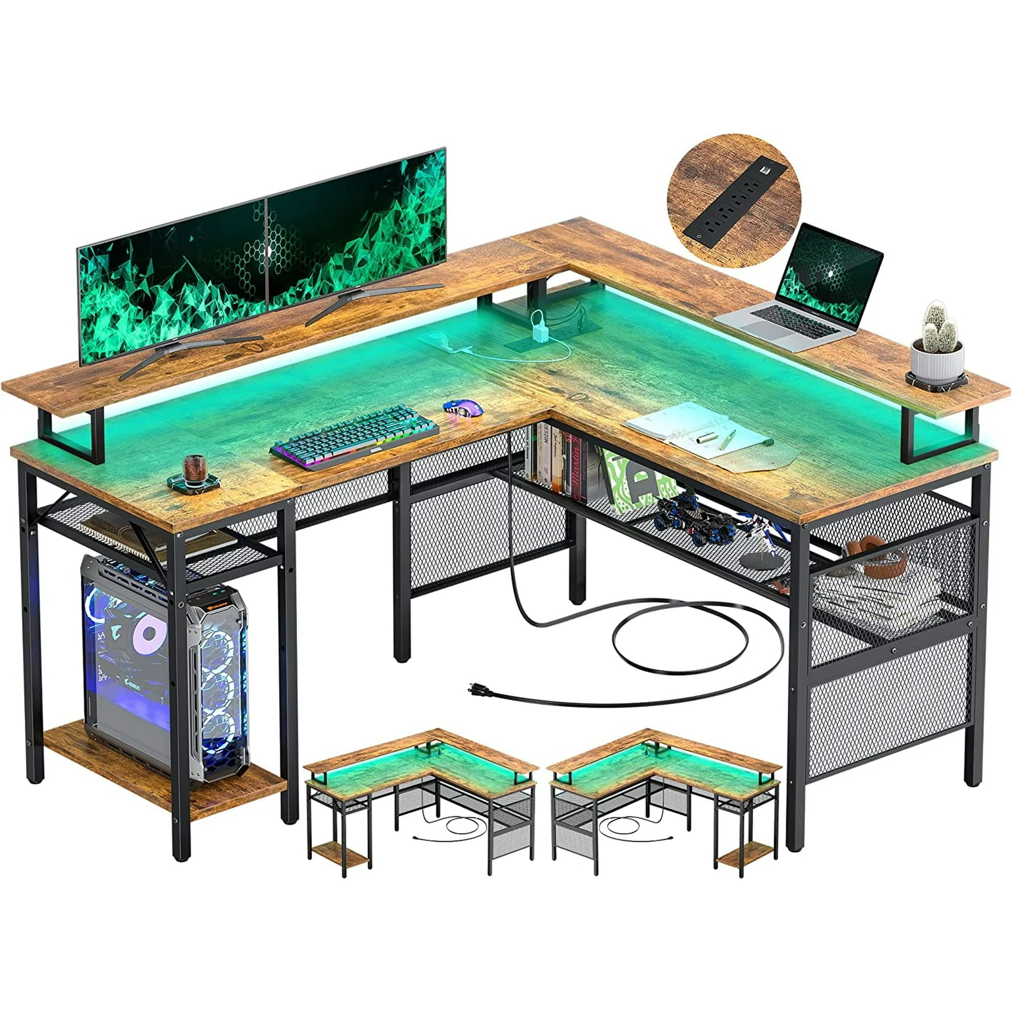 Homieasy L Shaped Desk with Power Outlets and LED Light, 55 inch Reversible L-Shaped Gaming Desk with Monitor Stand, Ergonomic Corner Computer Desk with Storage Shelf for Home Office, Rustic Brown