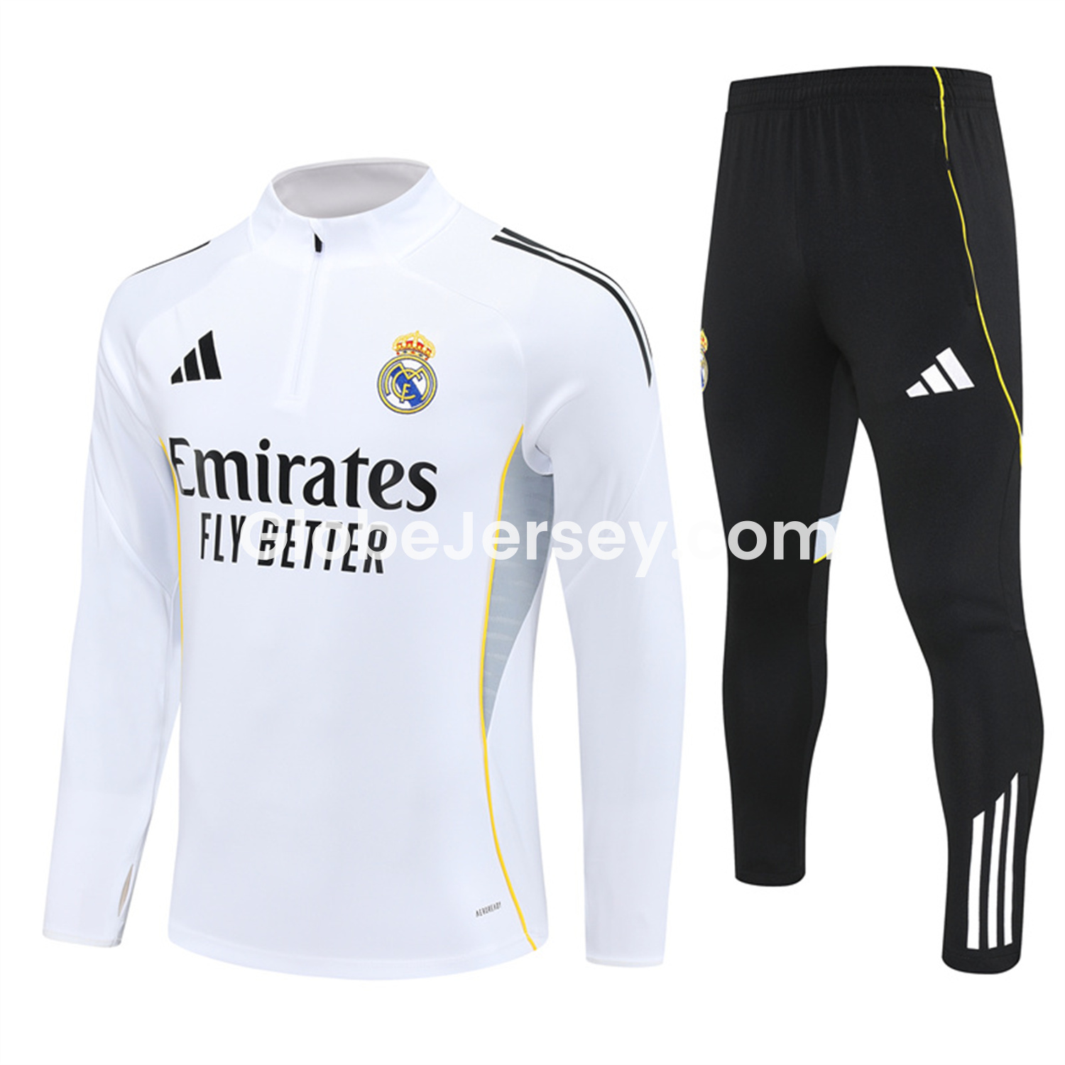 Real Madrid 25-26 Kids Long Sleeve Training Set - Yellow Line White Top and Black Shorts