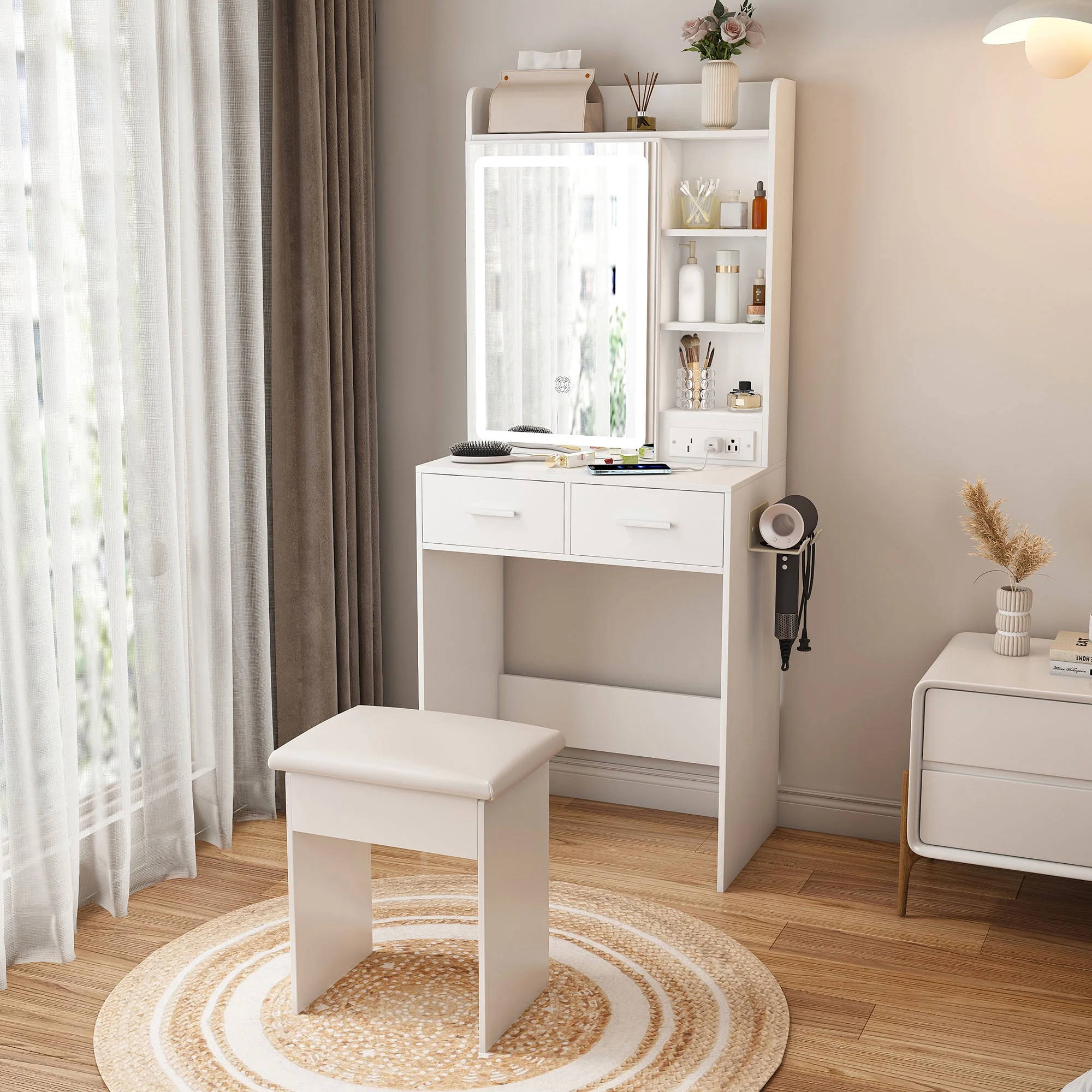 Small White Makeup Vanity Desk with Mirror and Adjustable LED Lights, Built-in Power Outlet and Hidden Storage