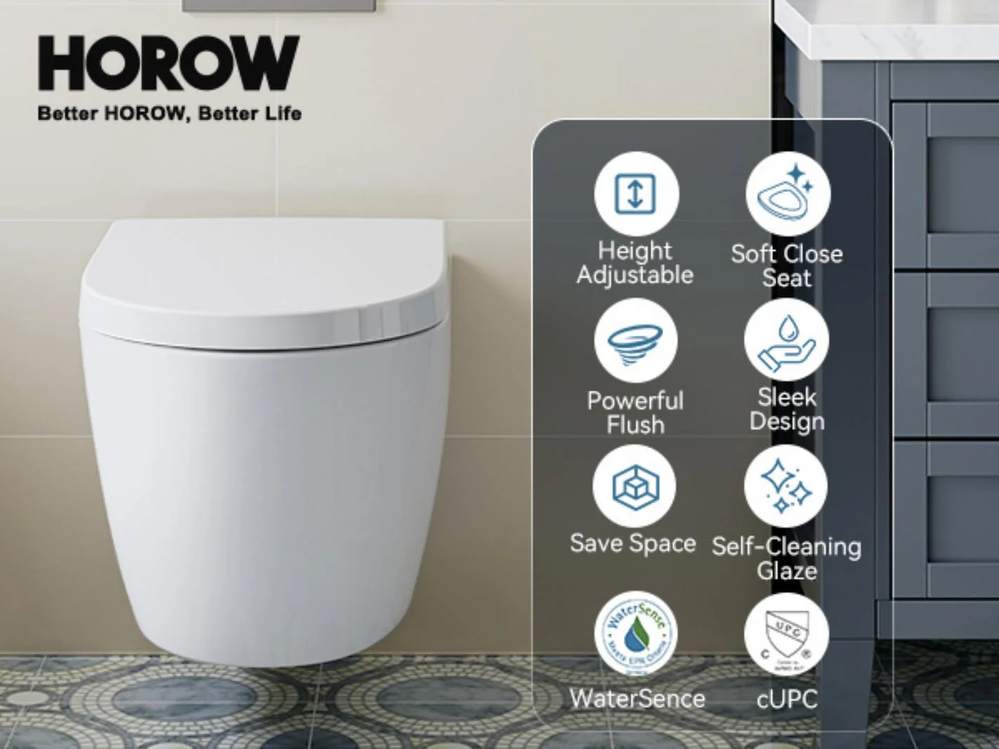 HOROW Wall Hung Toilet,with Soft Closing Seat,Round Floating Bowl, Rear Outlet Space Saving,White