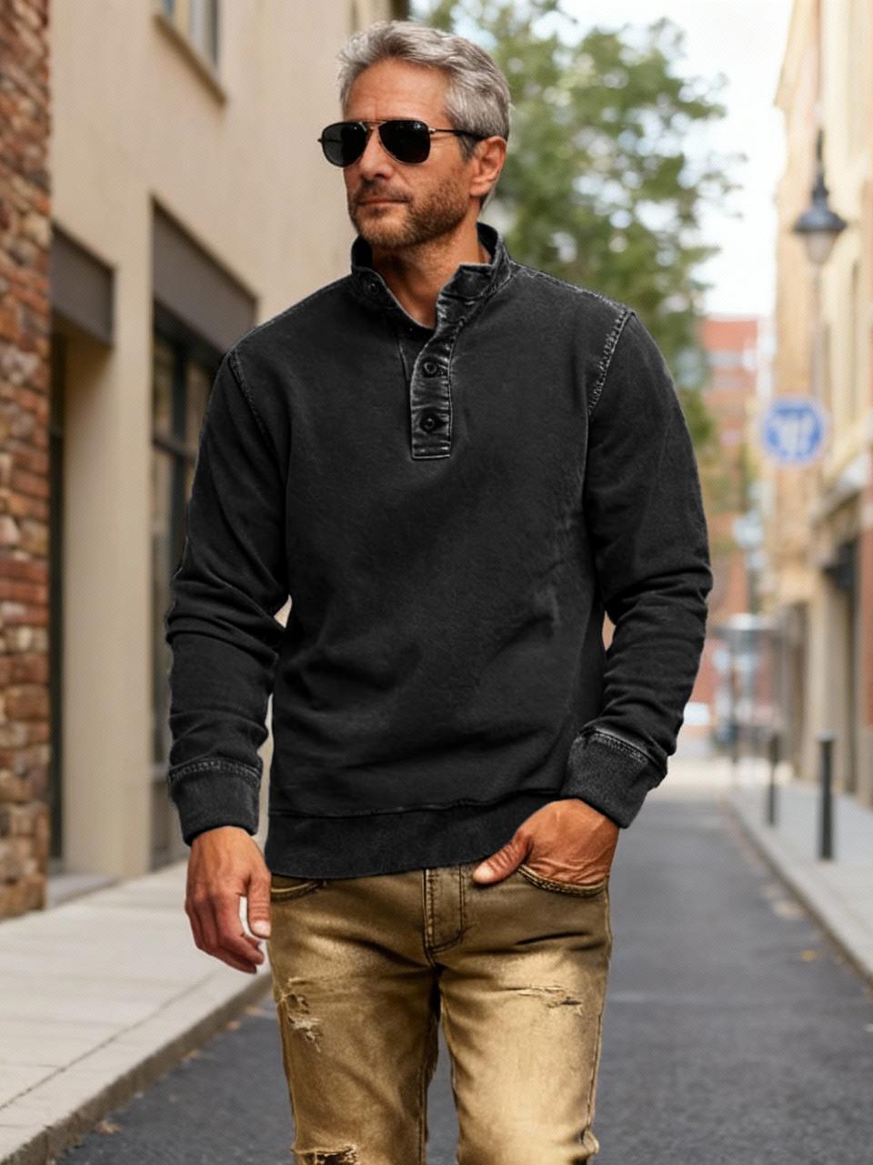 NEW🔥 Men's Retro Casual Stand Collar Button Solid Color Sweatshirt