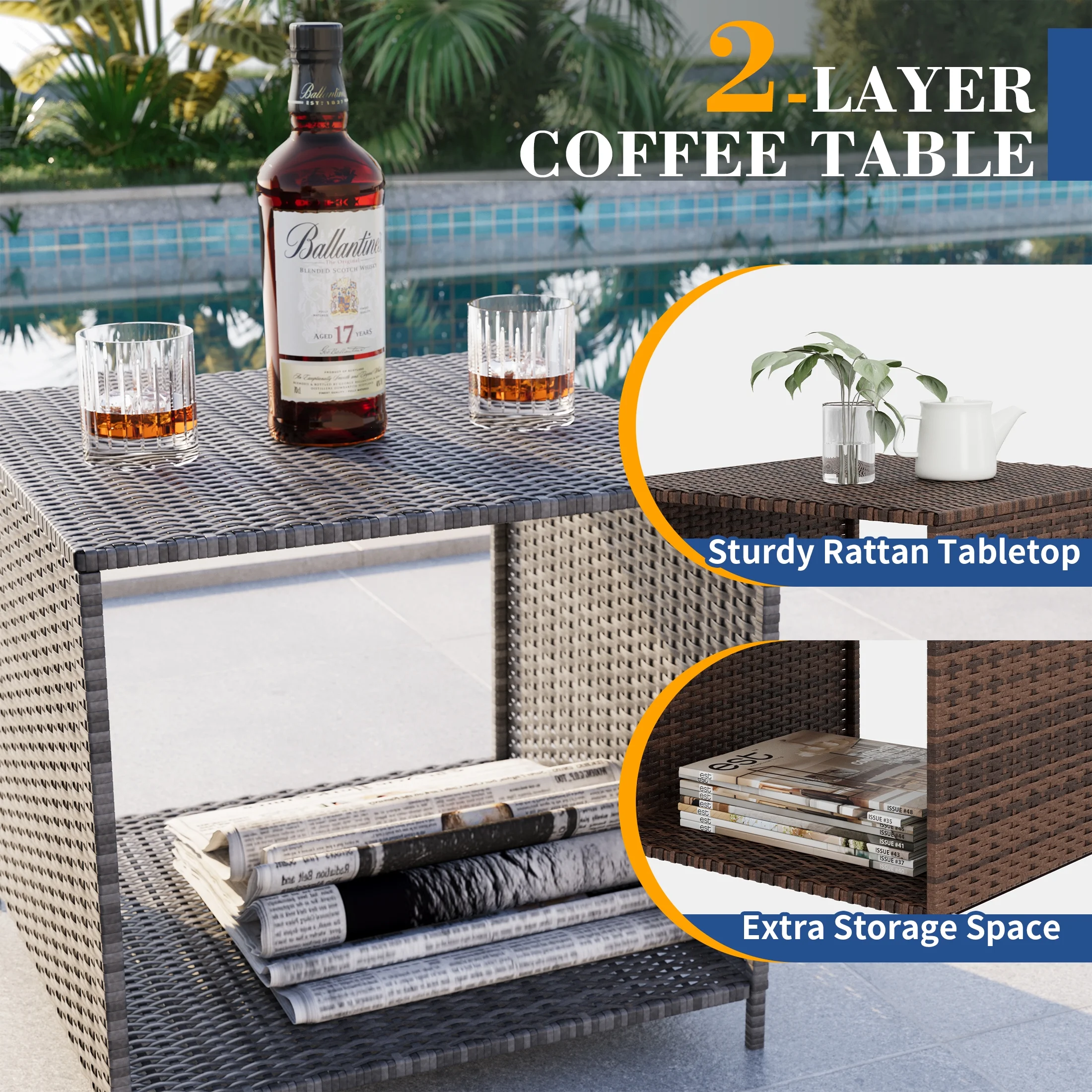 Poteban Balcony Furniture 5 Piece Patio Furniture Set, Outdoor Patio Chair with Ottoman for Front Porch Deck, Wicker Lounge Chair with Side Table, Grey