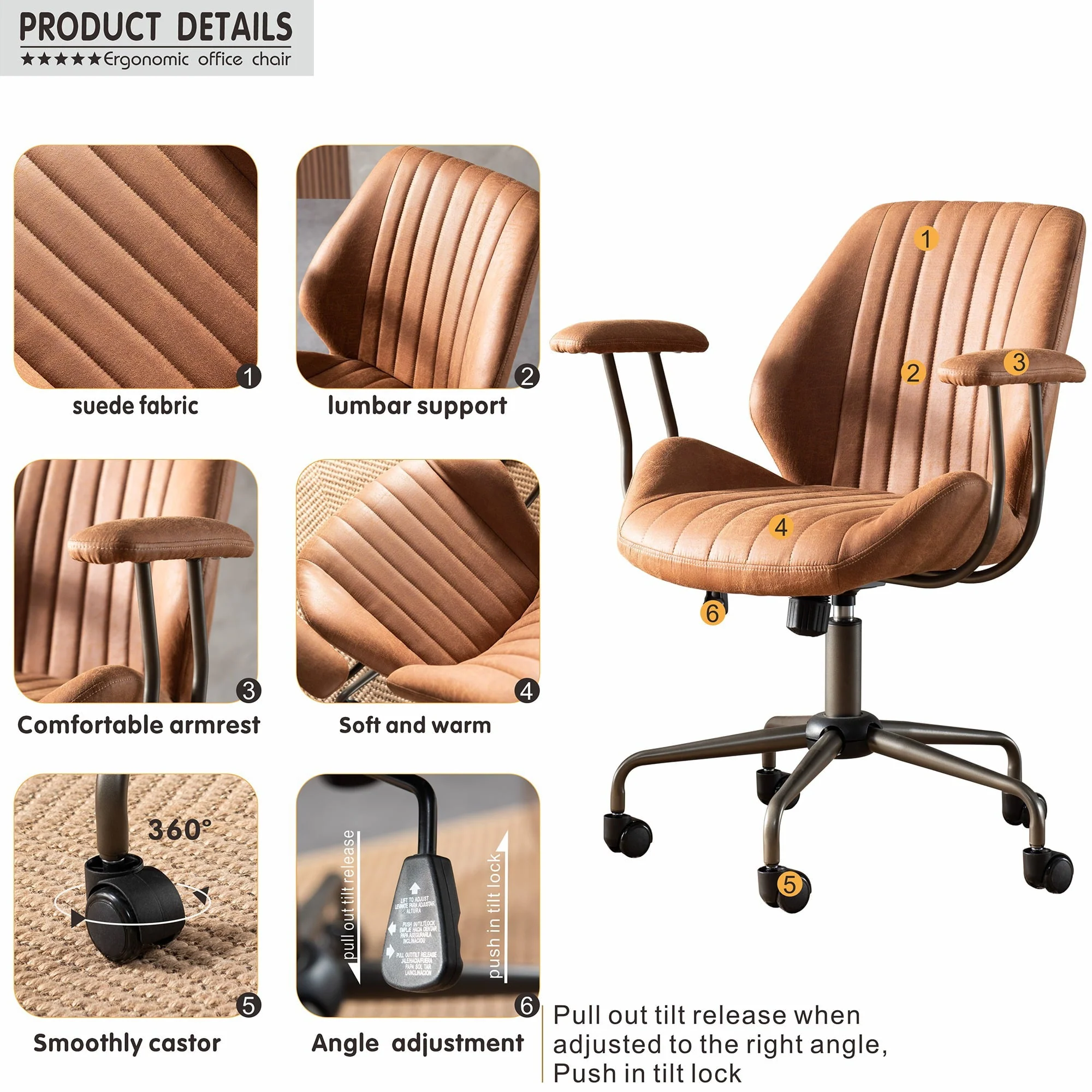 Ovios Ergonomic Office Chair Modern Computer Desk Suede Fabric Desk Chair with Lumbar Support for Home Office