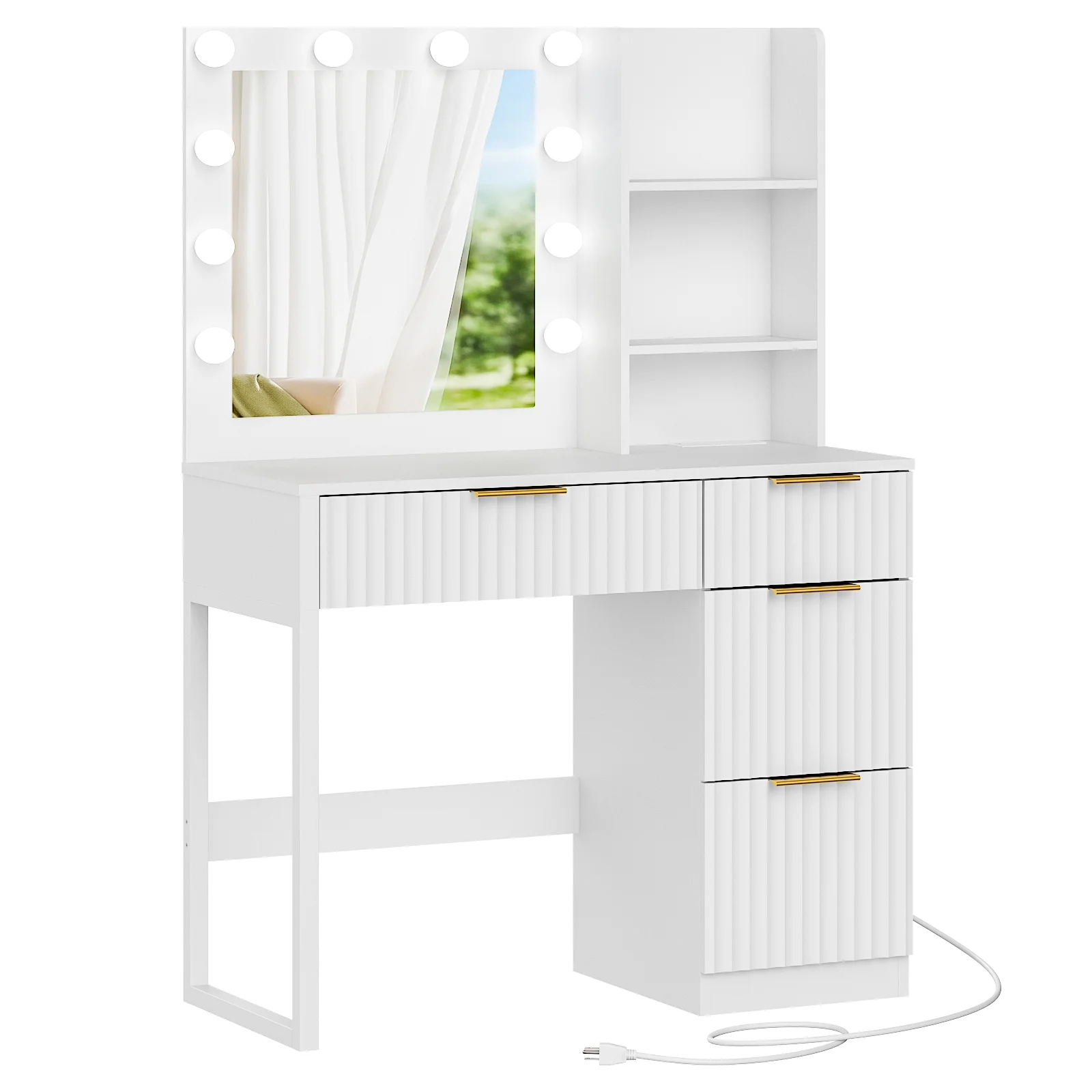 Ktaxon Vanity Set with 3 Color Lighted Mirror, Makeup Table with 3 Storage Shelves & Drawers, Dressing Table Makeup Desk with Stool,White