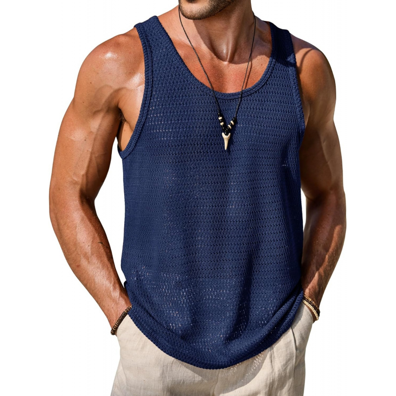 Men Mesh Hollow Out Tank Top Breathable See Through Beach Vest(S-XXL)