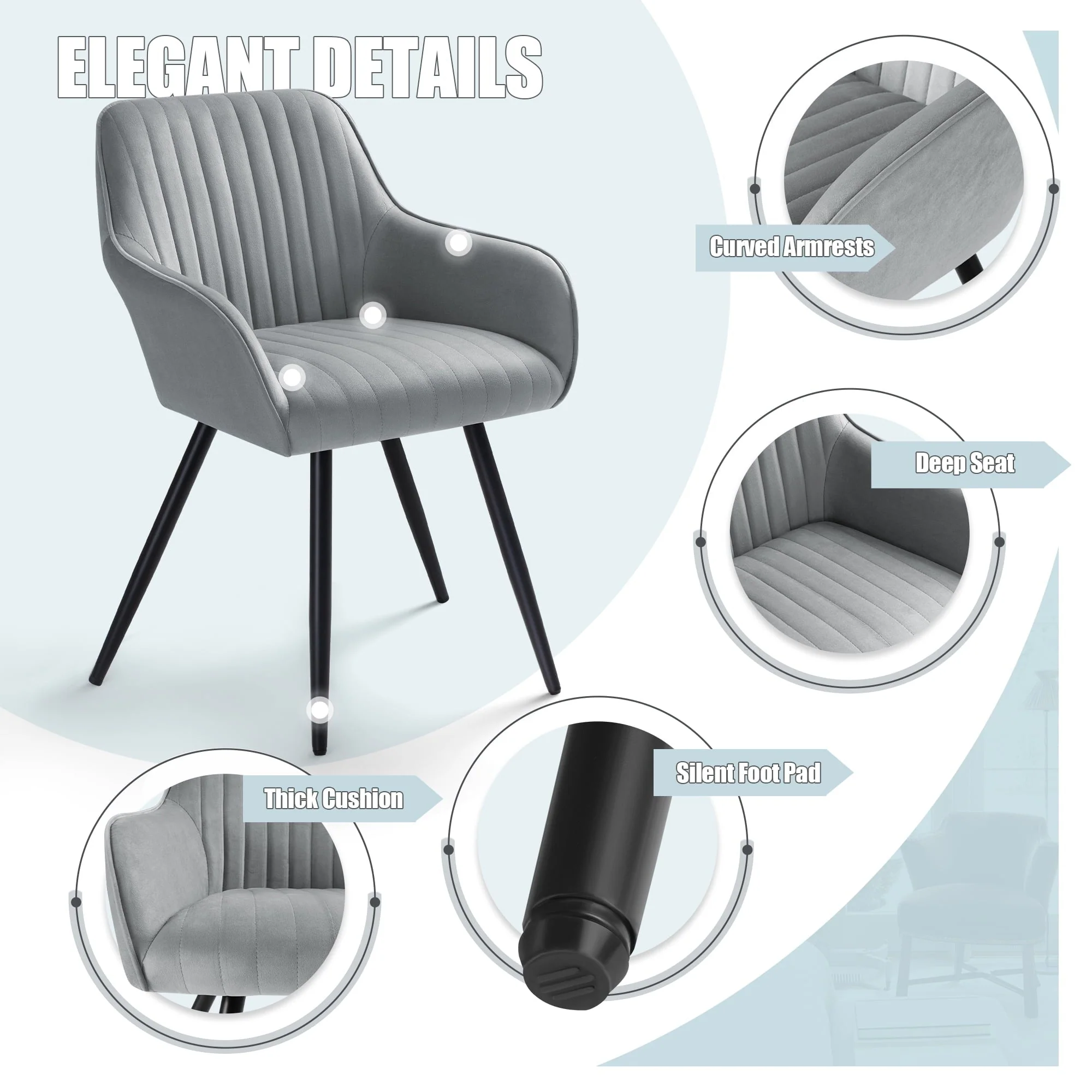 Devoko Set of 2 Accent Chair, Velvet Tufted Solid Back Arm Chair with Arms Upholstered Tall Back Desk Chair, Accent Chair for Living Room Home Kitchen, Gray