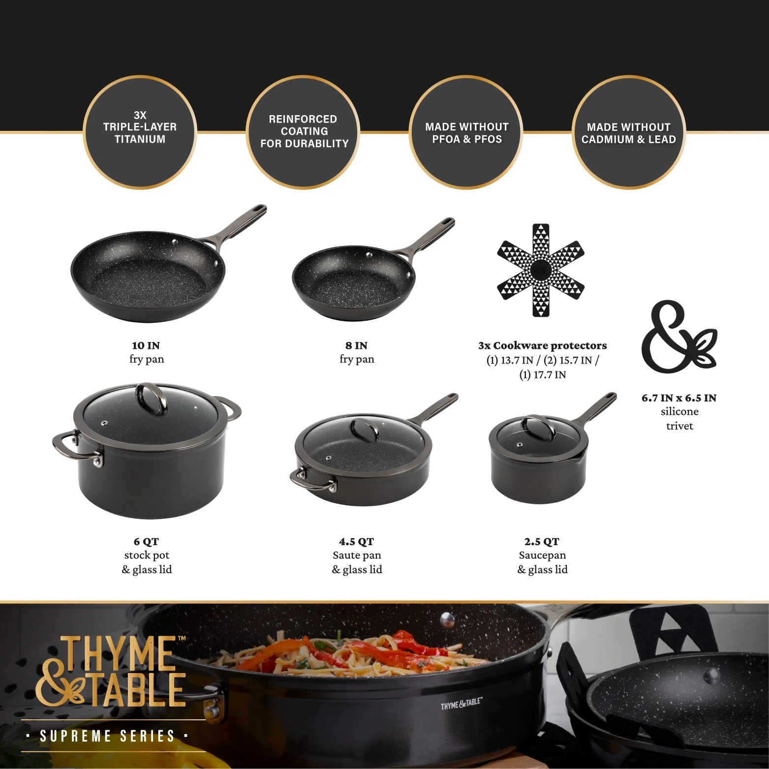 Thyme & Table 12-Piece Non-Stick Supreme Cookware Set, Pots and Pans Set - Cream