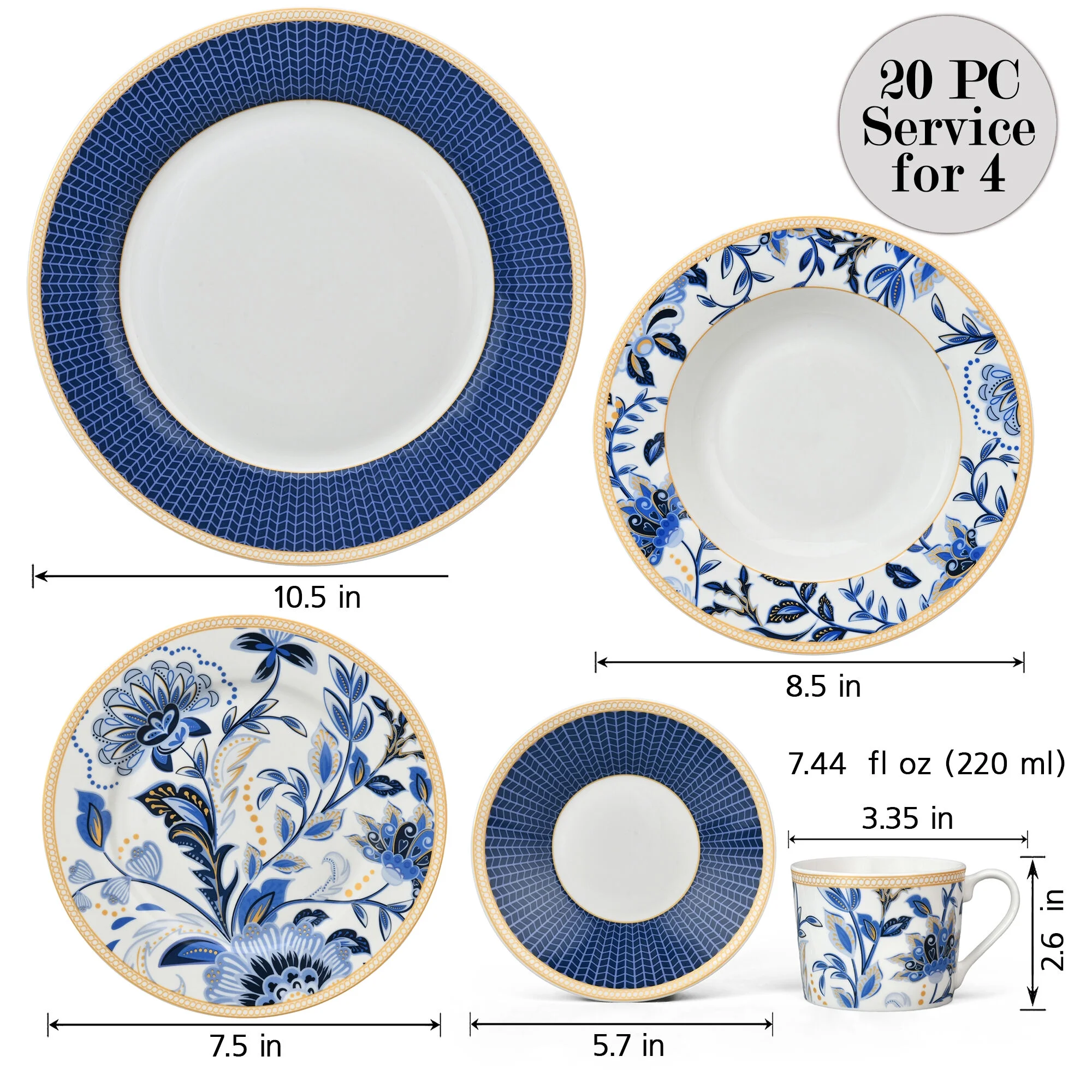 STP GOODS Melodie de Fleurs Bone China Dinnerware Set of 24 Service for 6 24-Piece Dish Set of Plates and Bowls, Blue Gold White