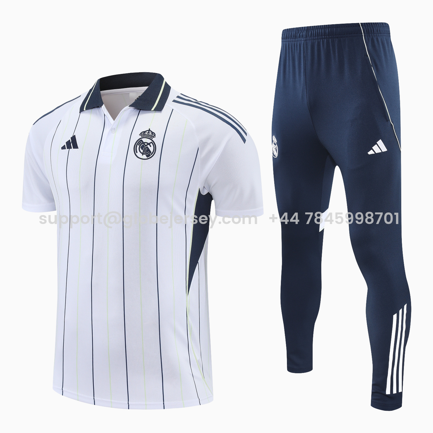 Real Madrid 25-26 POLO Short-Sleeve Training Set - Black Line White Top and Black Pants