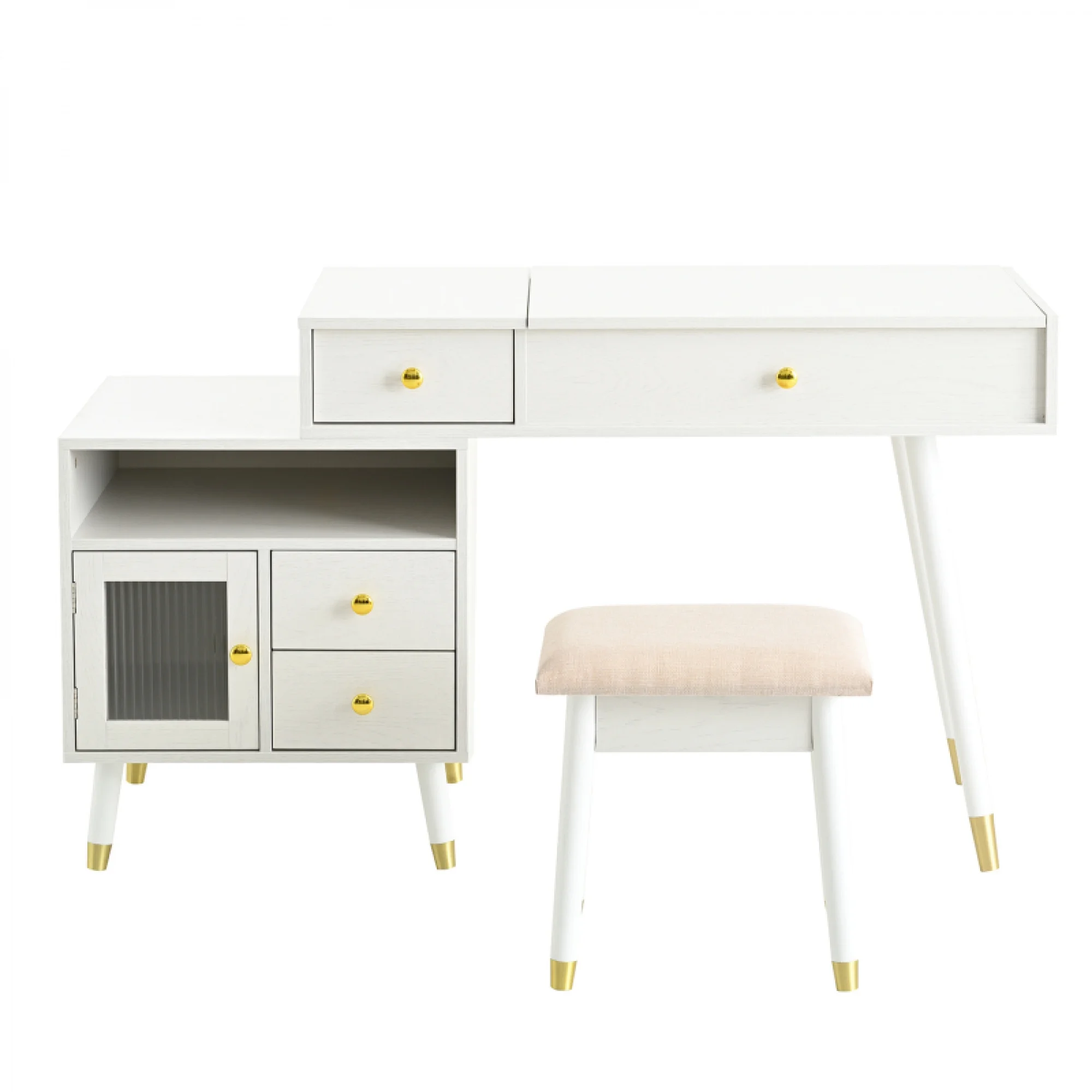 3-in-1 Vanity Desk with Lighted Flip-Top Mirror & Adjustable Cabinet, Makeup Dressing Table with Stool, Dresser with Drawers for Bedroom, White