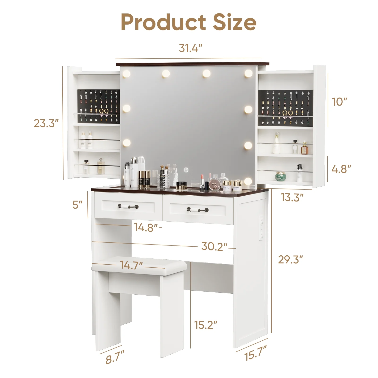 Vanity Desk with Chair, White Makeup Desk Set with Mirror & LED Lights, Vanity Table with Power Strip, 2 Drawers, 4 Shelves