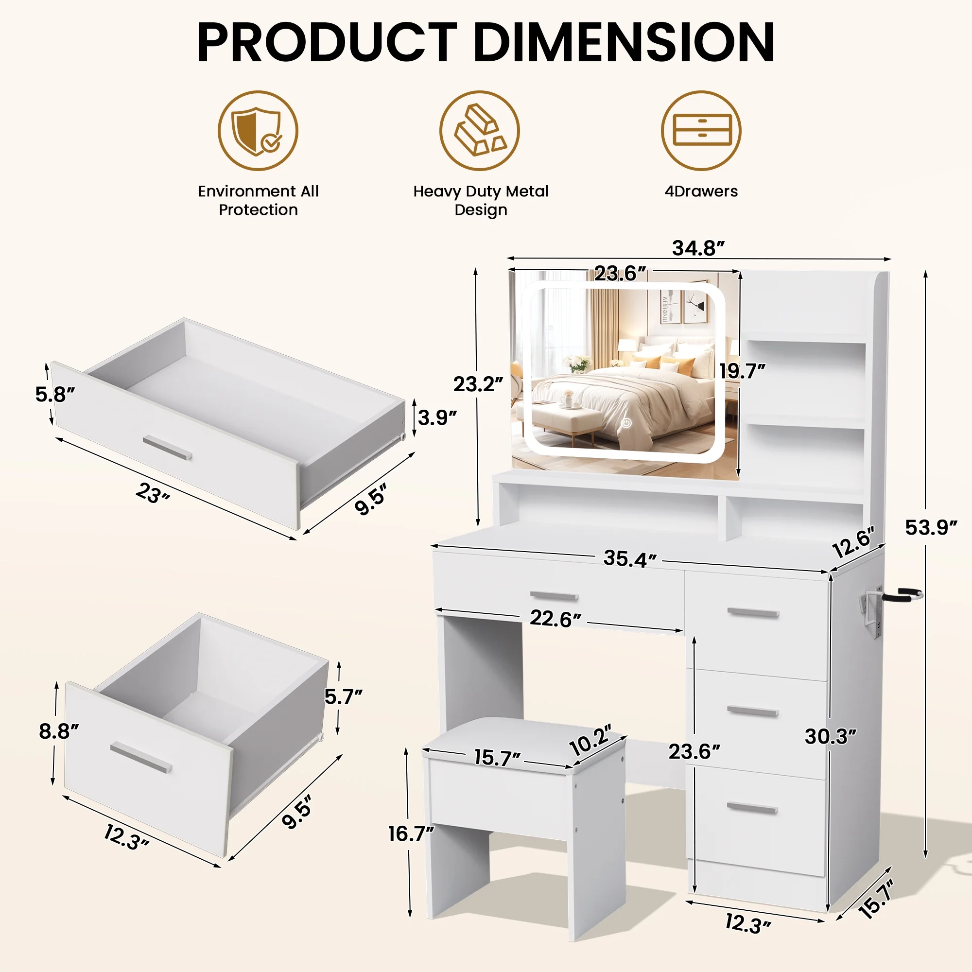 LIVELYGLOW Vanity Desk with Mirror and Lights, Makeup Vanity with Drawer & Storage Shelves, Cabinet, 3 Lighting Modes Adjustable Brightness,White