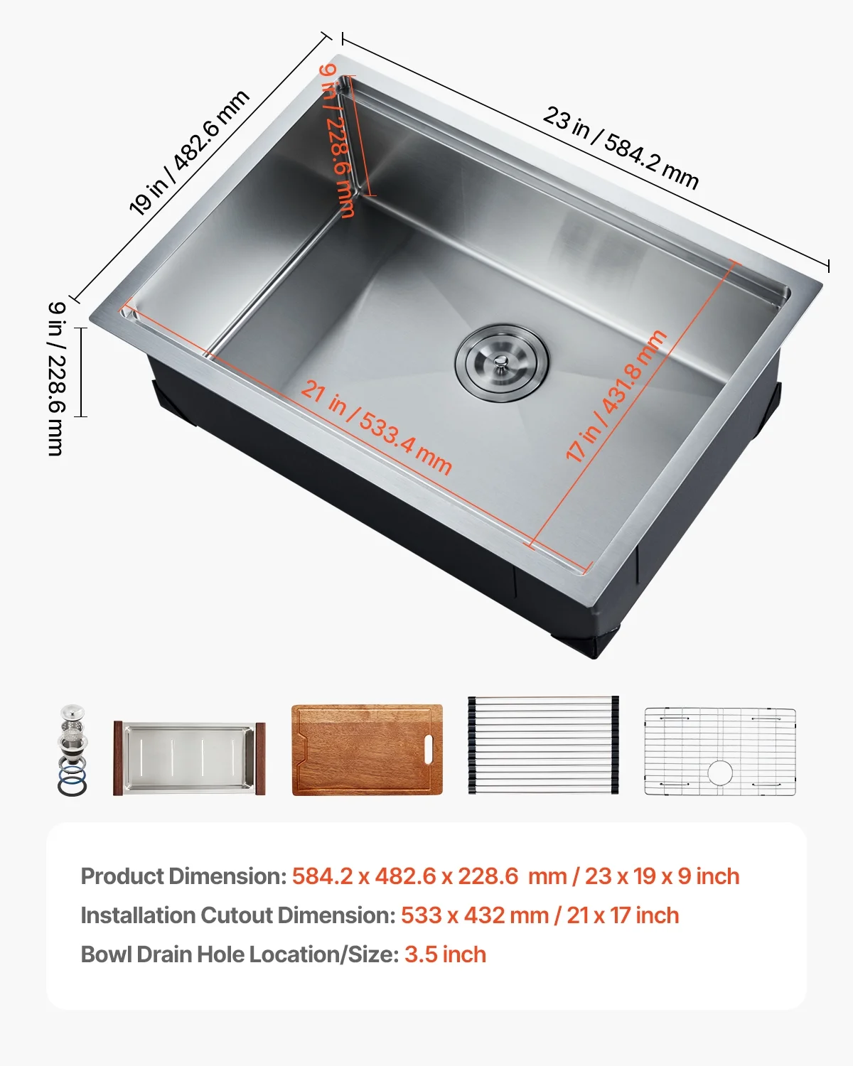 KFFKFF 23-inch Undermount Kitchen Sink,  304 Stainless Steel Single Bowl Drop-In Farmhouse Basin with Ledge & Various Add-ons, Domestic Dishwasher Sinks Suitable for Workstation, RV