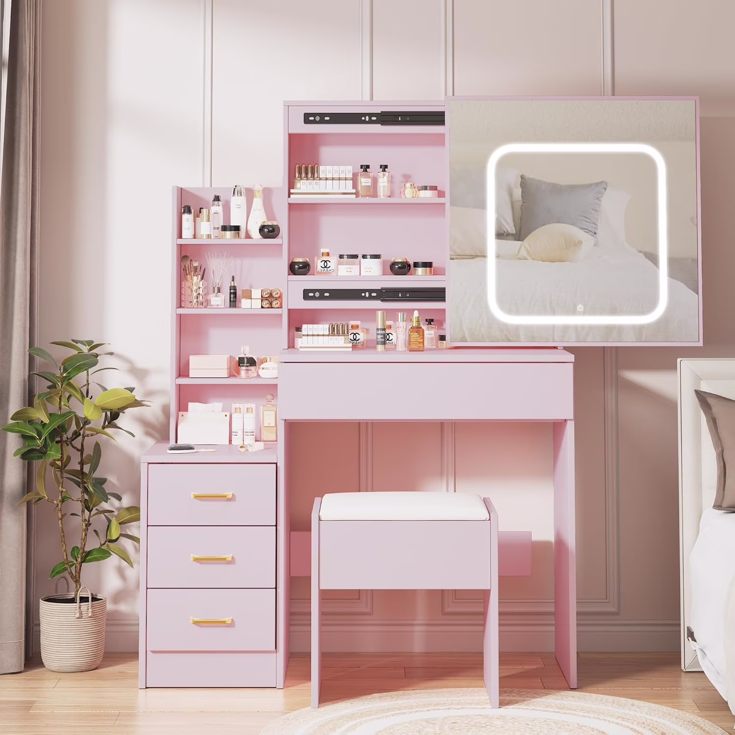 Vanity Desk with Sliding Mirror and Lights, Makeup Vanity Set with Power Outlet, 4 Drawers, Stool, Open Shelves, 3 Color Lighting Modes, Brightness Adjustable, Makeup Dressing Table for Bedroom