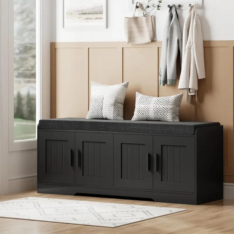 2-Tier Entryway Shoe Bench – Padded Seat. Four-Cabinet Design with Adjustable Interior Shelf