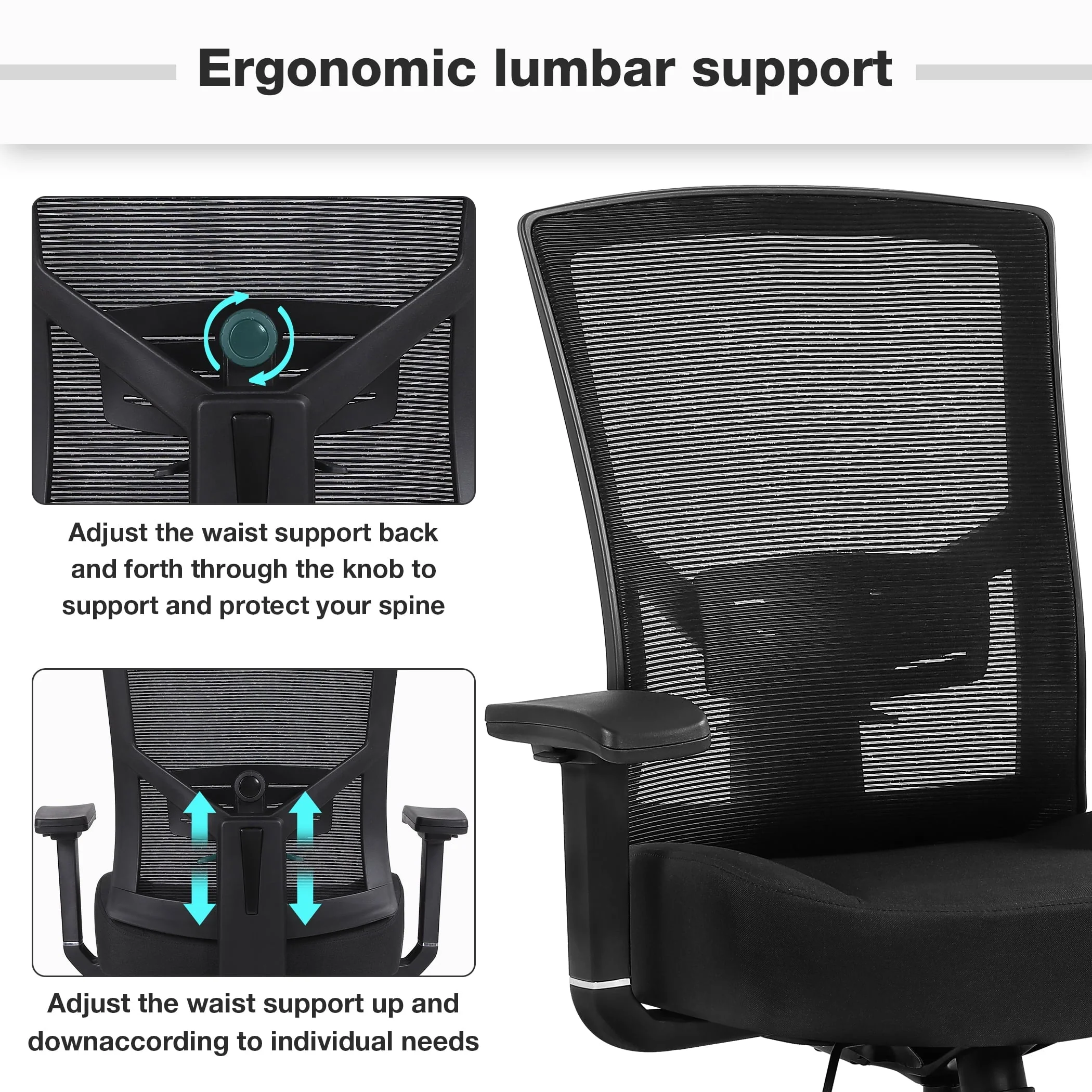 Blue Whale Big and Tall Office Chair 450lbs, Ergonomic High Back Computer Desk Chair for Heavy People with 2D Adjustable Waist Support and Heavy Duty Metal Base Mesh Chair,Black