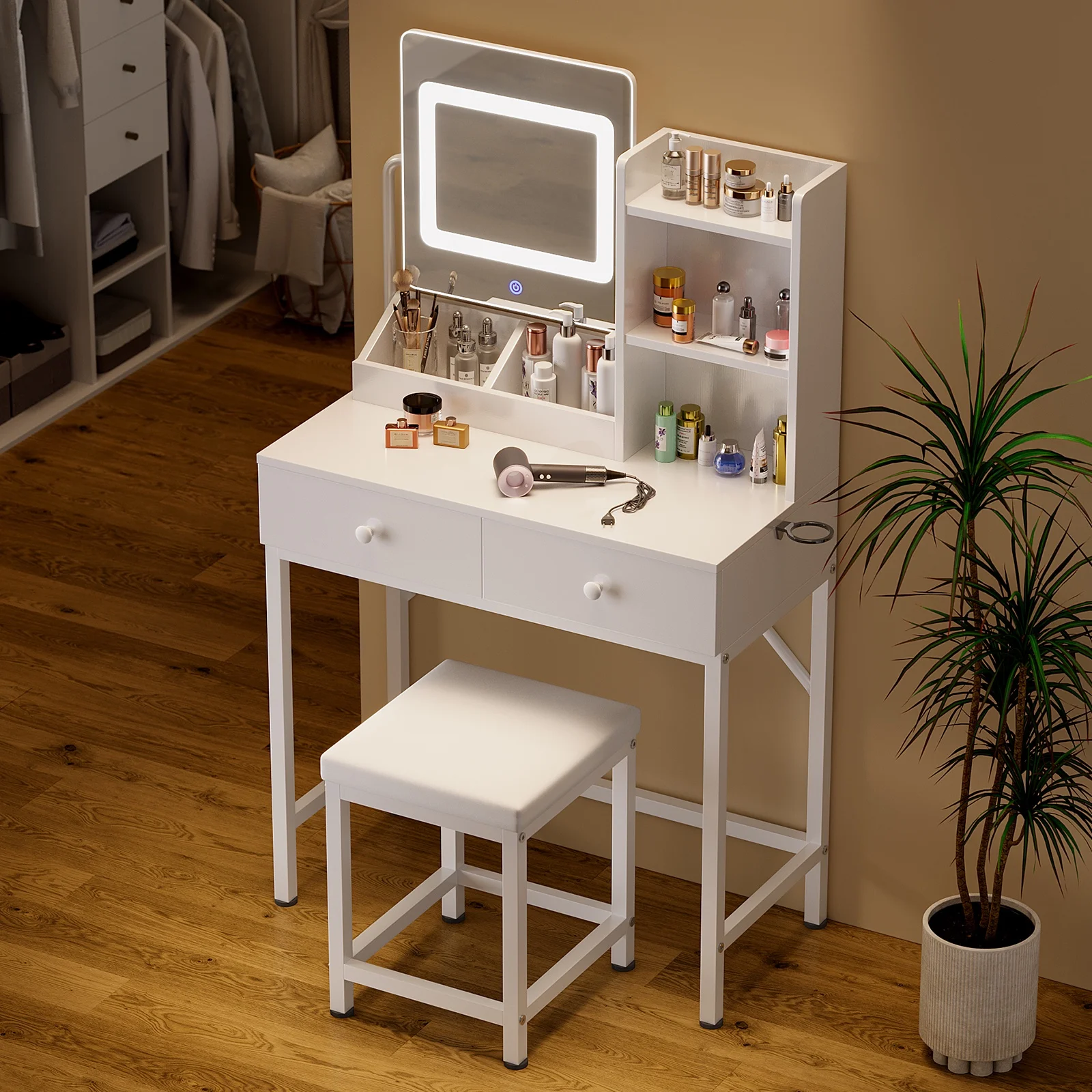 Asofer Vanity Desk with Mirror and Adjustable Light, White Makeup Vanity Set with 5 Drawers for Bedroom, Dressing Room
