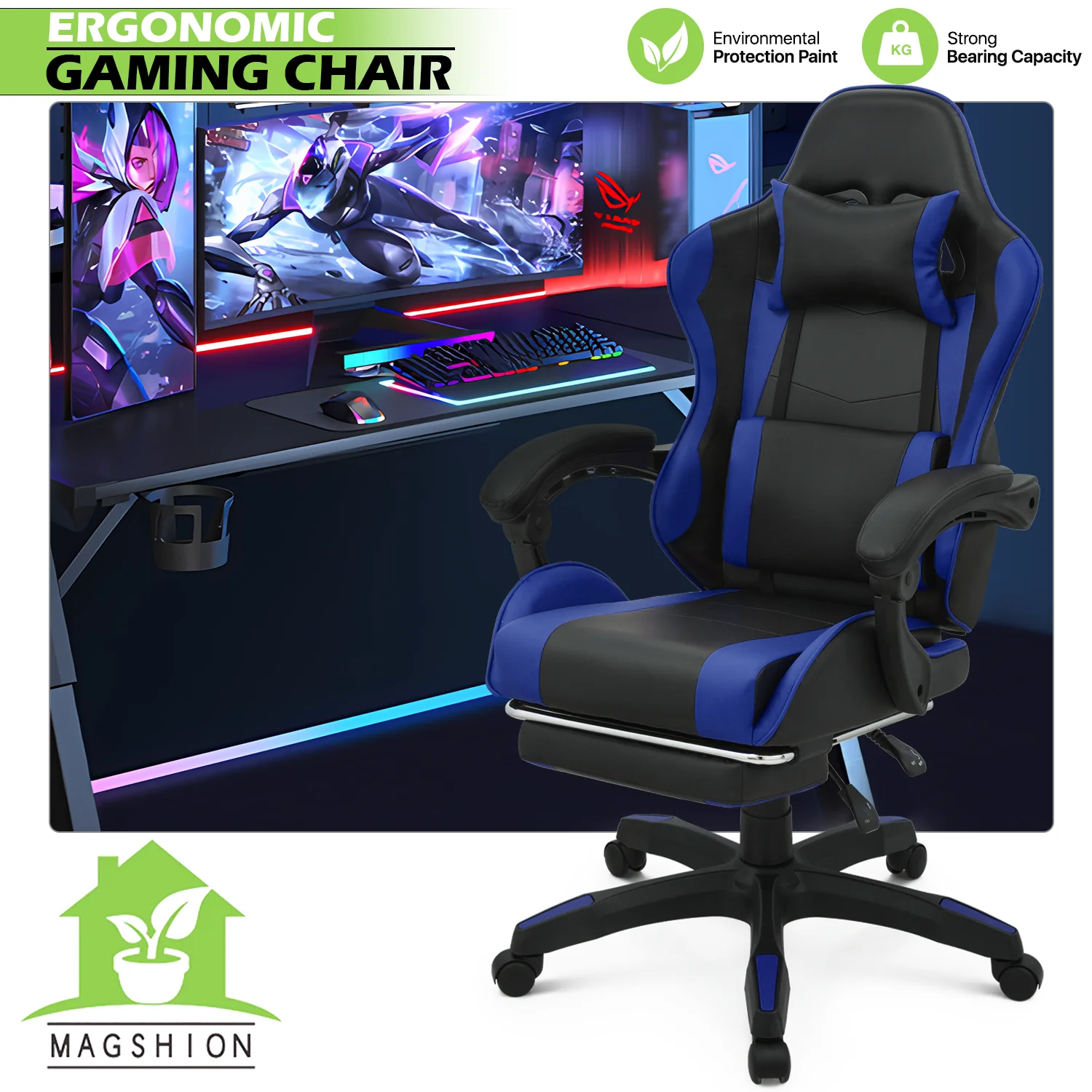 Magshion Adjustable Gaming Chair, Ergonomic PC Computer Seat with Headrest and Lumbar Support for Adults Teens Desk Chair, Black