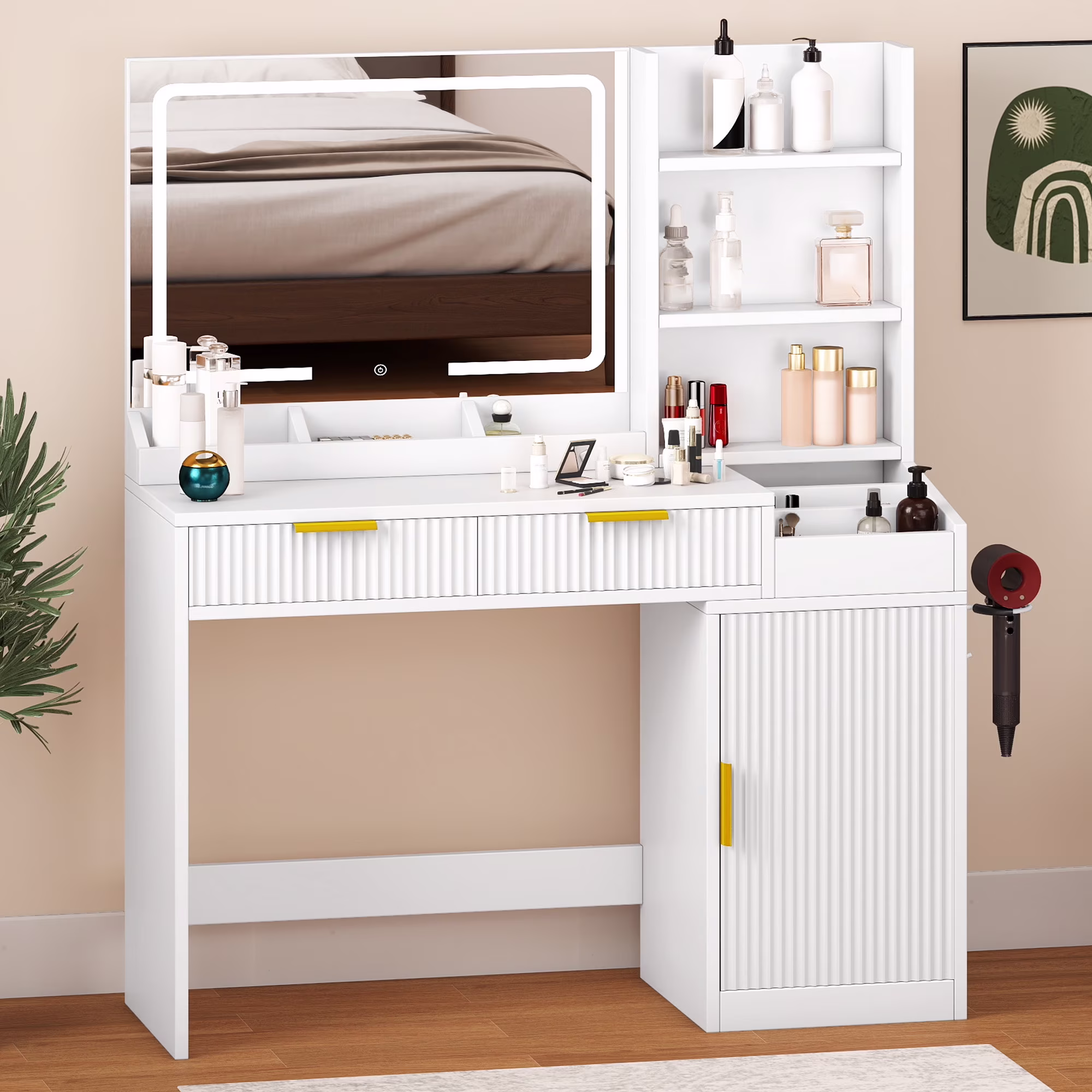 Uforic Vanity Desk with Mirror and LED Lights, Makeup Vanity Table with 2 Drawers & 11 Shelves, Makeup Table with Power Outlet for Bedroom Dressing Room,Oak