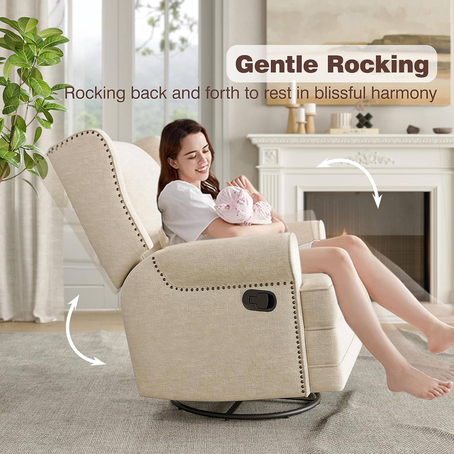 Royalcraft Swivel Nursery Glider Recliner. Comfy Upholstered Glider Chair with Lumbar Pillow and Footrest. Beige