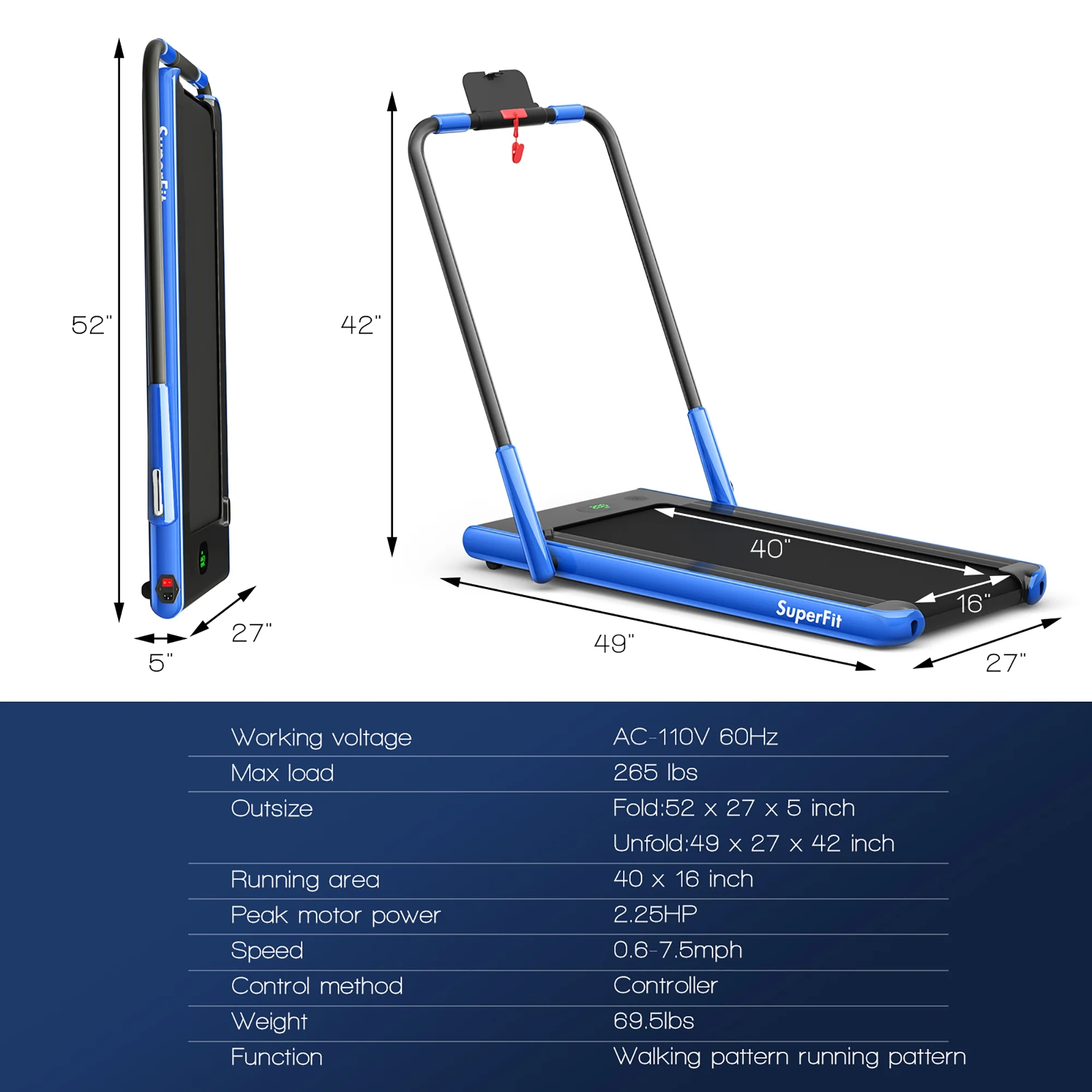 SuperFit Up To 7.5MPH 2.25HP 2-in-1 Folding Under Desk Treadmill W/Speaker Controller APP, Single Display Screen Silver
