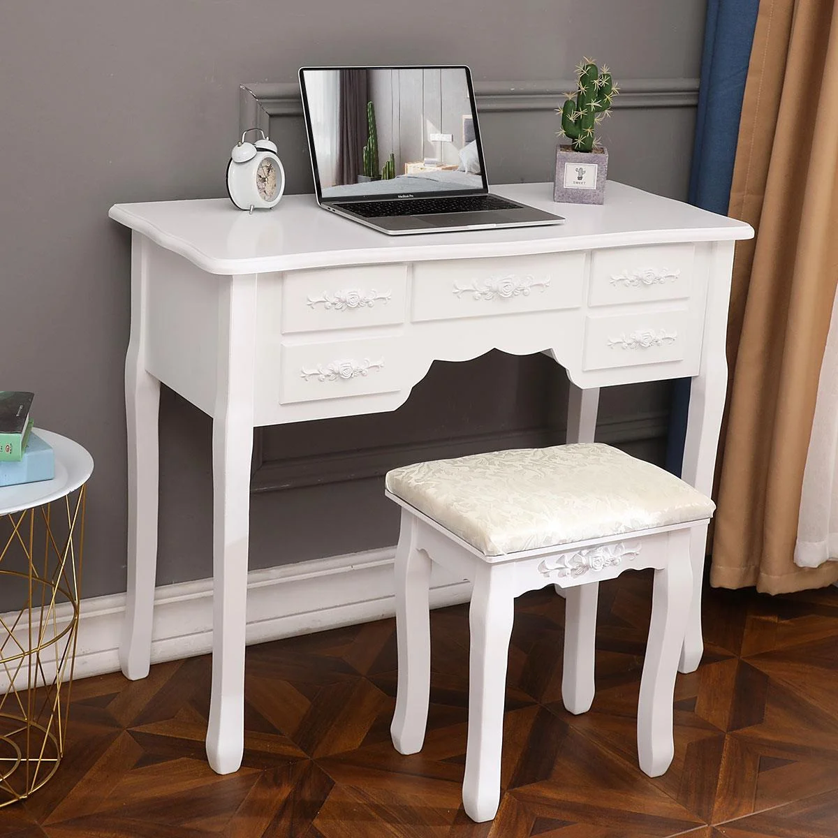 Ktaxon Vanity Set,Flip-top Mirror Dressing Table Makeup Vanity Table Writing Desk with 2 Drawers and Stool, White