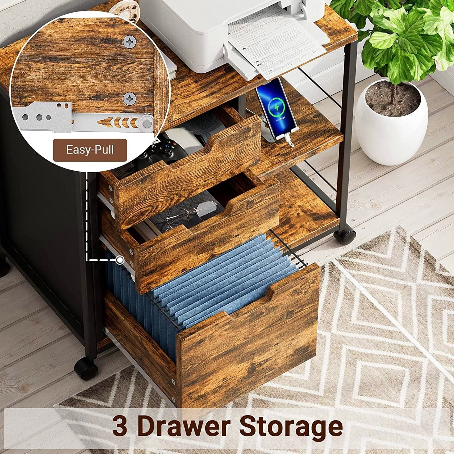 YaFiti File Cabinet, Wooden Rolling File Cabinet with Socket USB Charging Port, Lateral Filing Cabinet Organizer for Home Office , Rustic Brown