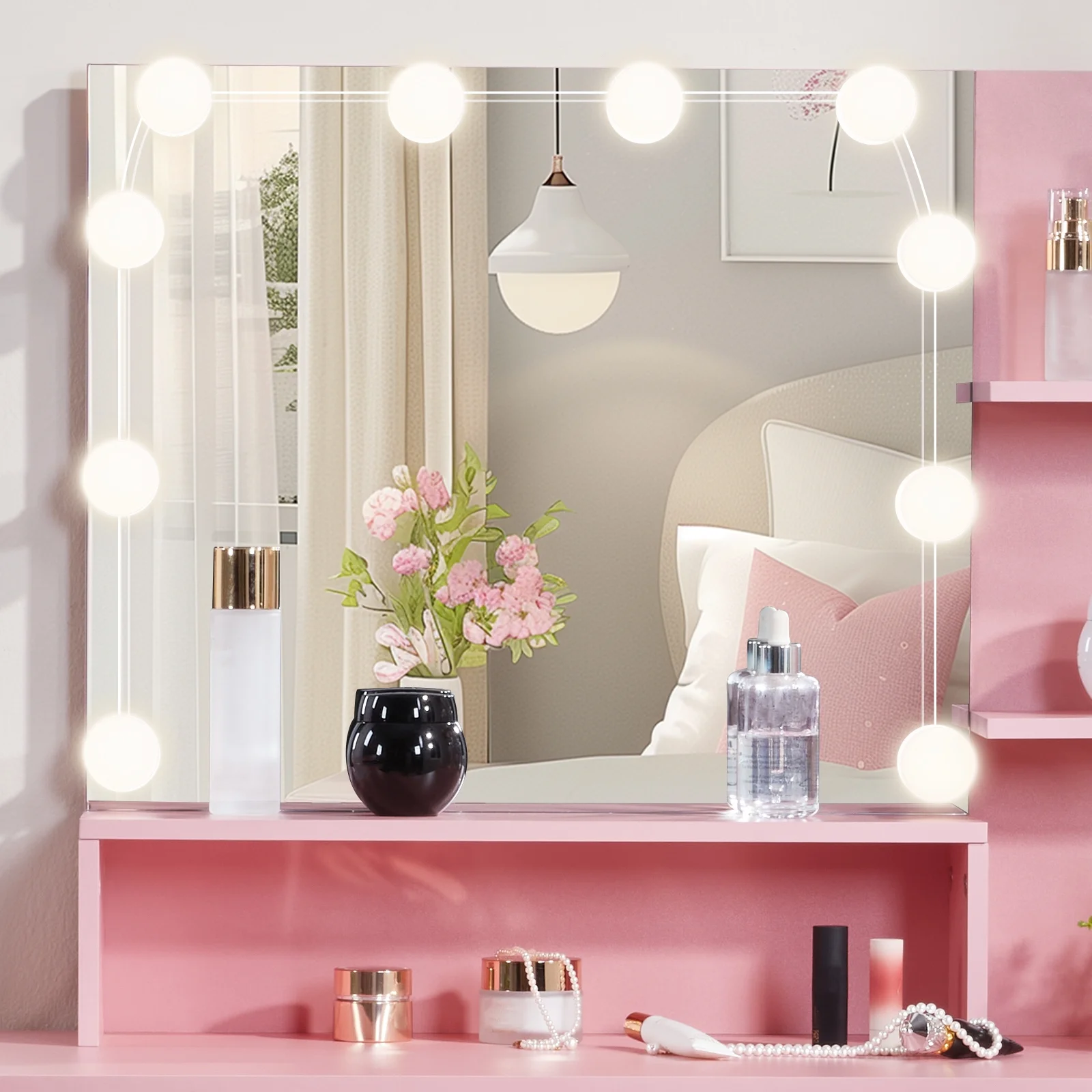 Ktaxon Vanity Set with 3 Color Lighted Mirror, Makeup Table with 3 Storage Shelves & Drawers, Dressing Table Makeup Desk with Stool,White