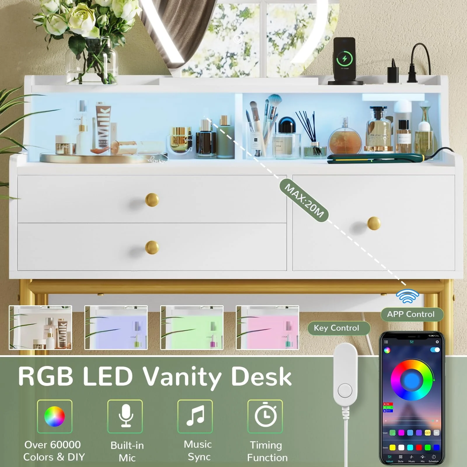 Tiptiper Makeup Vanity with Lights and Charging Station, Vanity Desk with 3-Color Touch Screen Lighted Mirror, White