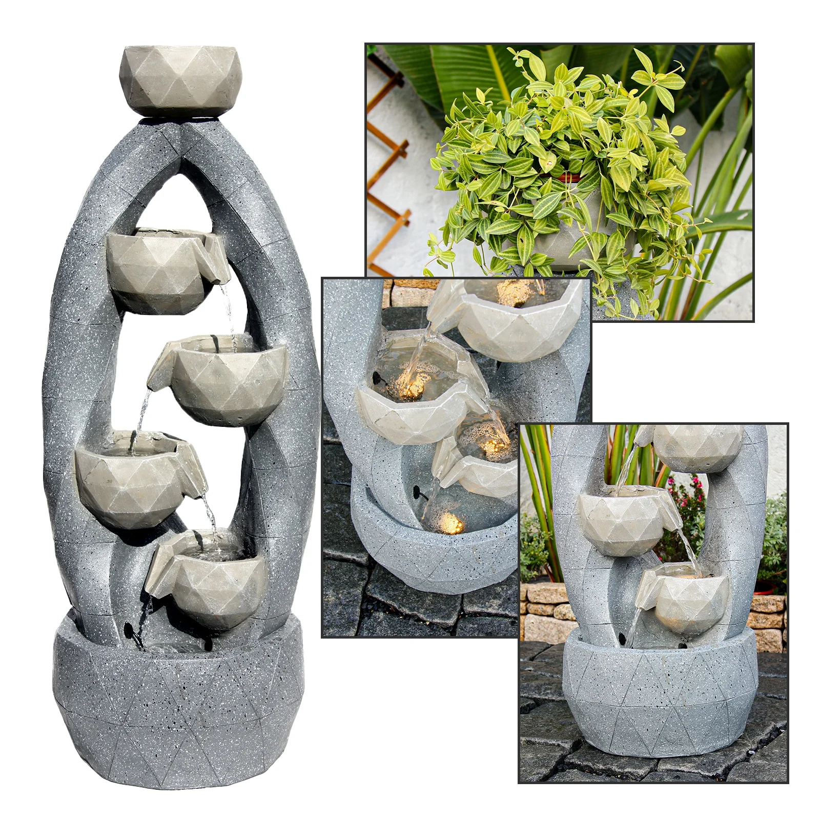 4-Tiered Water Fountain Outdoor Modern Circle Design Indoor Waterfall Garden Fountains Bowl Planter Water Feature with LED Light for Patio Yard Porch and Home Art Decor 45.87''H