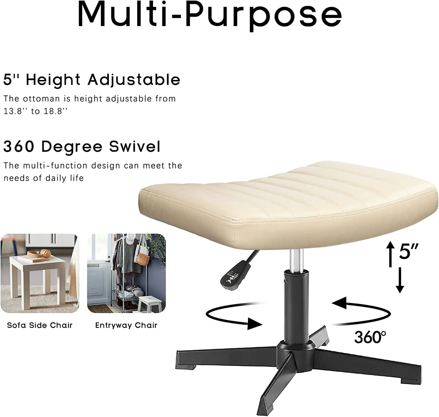 Waleaf Armless Desk Chair No Wheels with Ottoman&Lumbar Support,PU Leather Padded Modern Swivel, Height Adjustable Wide Seat Cross Legged Computer Task Chair for Living Room, Beige