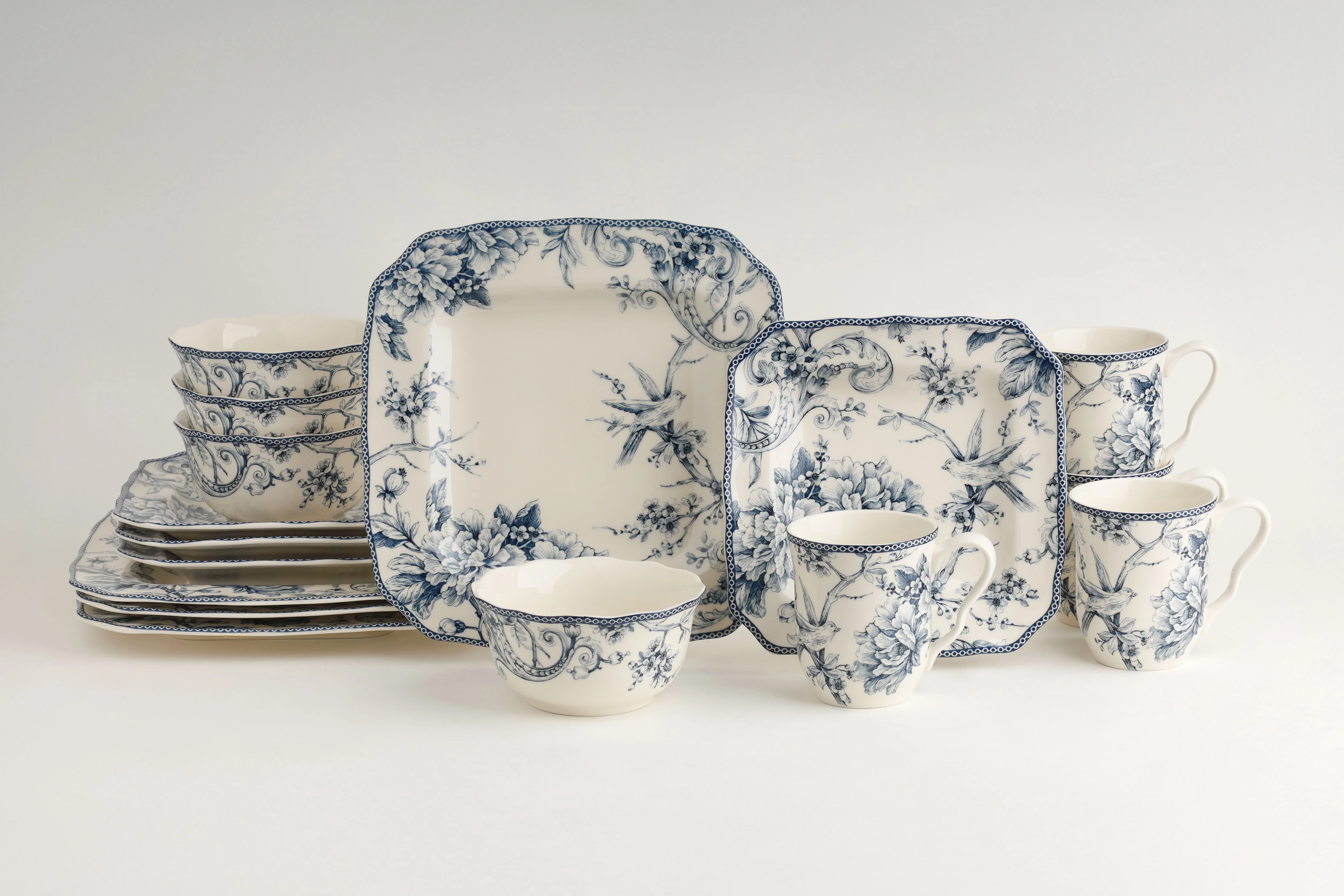 222 Fifth Adelaide Round 16-Piece Porcelain Dinnerware Set, Black Toile