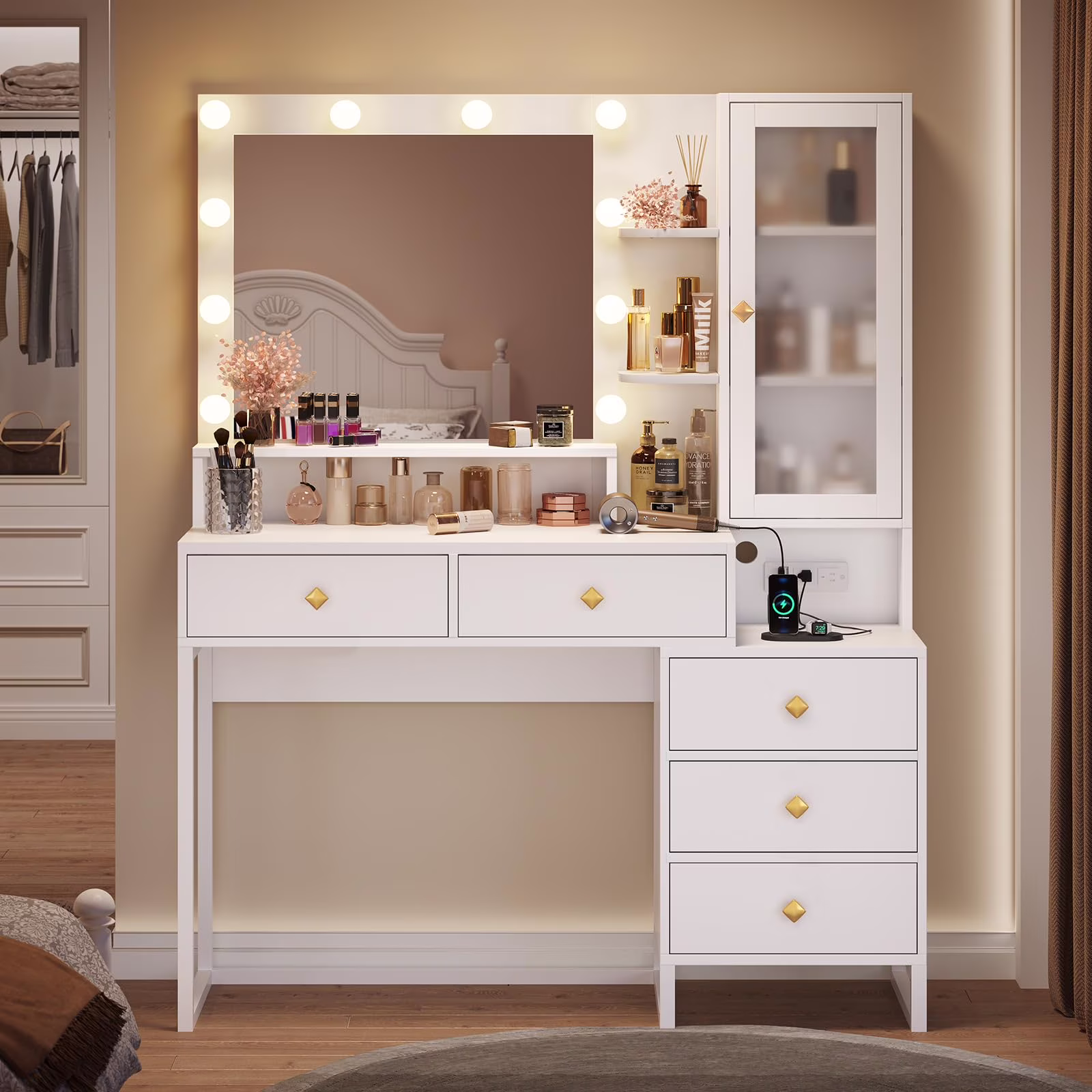 Afuhokles Large Makeup Vanity with Lights, Vanity Table with Charging Station Vanity Desk with Mirror and 10 LED Light Bulbs, 5 Drawers, White