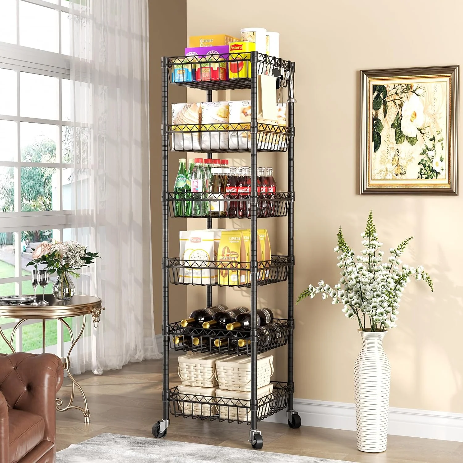 6 Tier Wire Shelving Unit with Wheels Baskets Storage Rack Corner Shelves Adjustable Shelf Closet Bathroom Organizers Metal Pantry Kitchen Garage Laundry Room 13.5