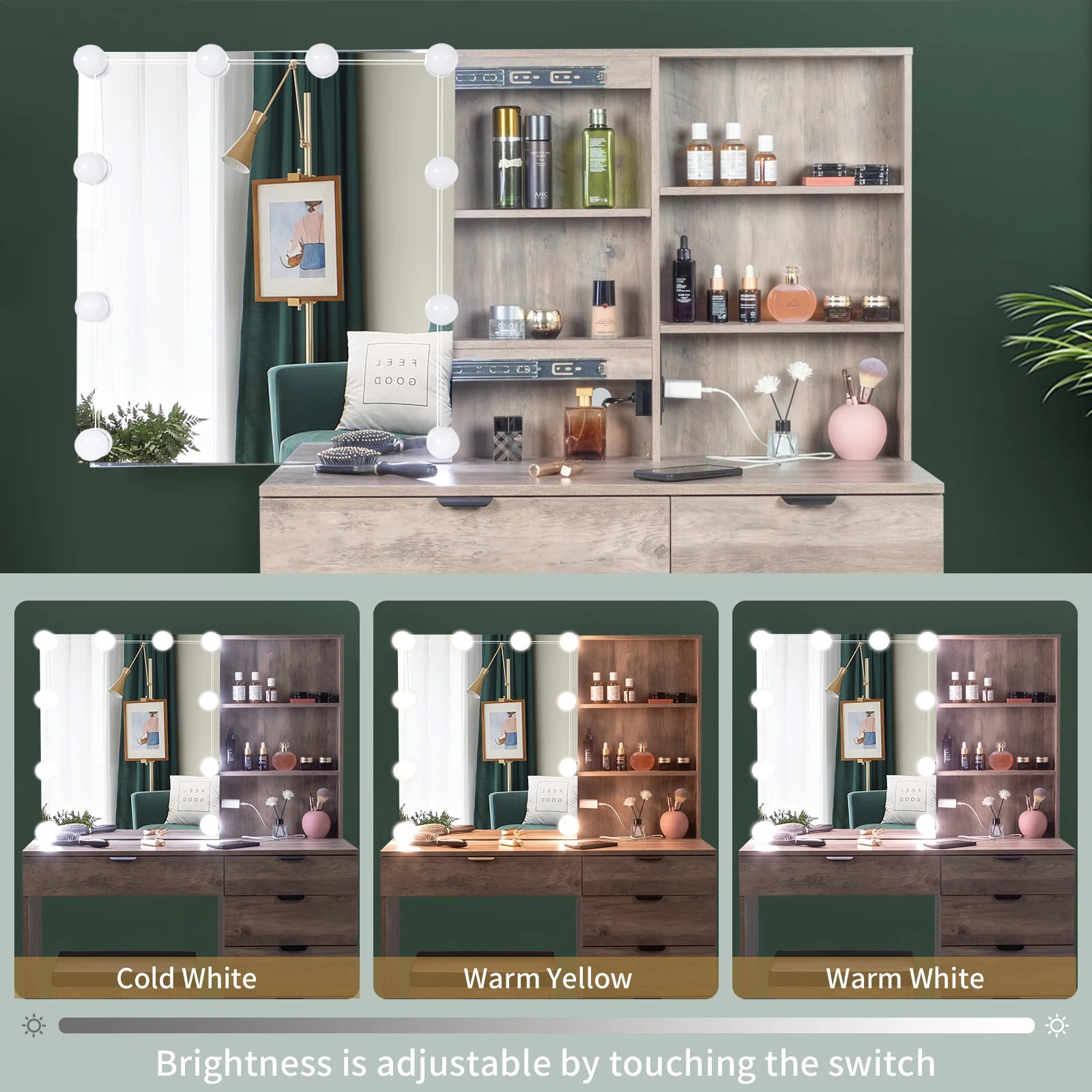 Ktaxon Vanity Set with 3 Color Lighted Mirror & Charging Station, Makeup Table with 3 Storage Shelves & Drawers, Dressing Table Makeup Desk with Stool,Retro Gray