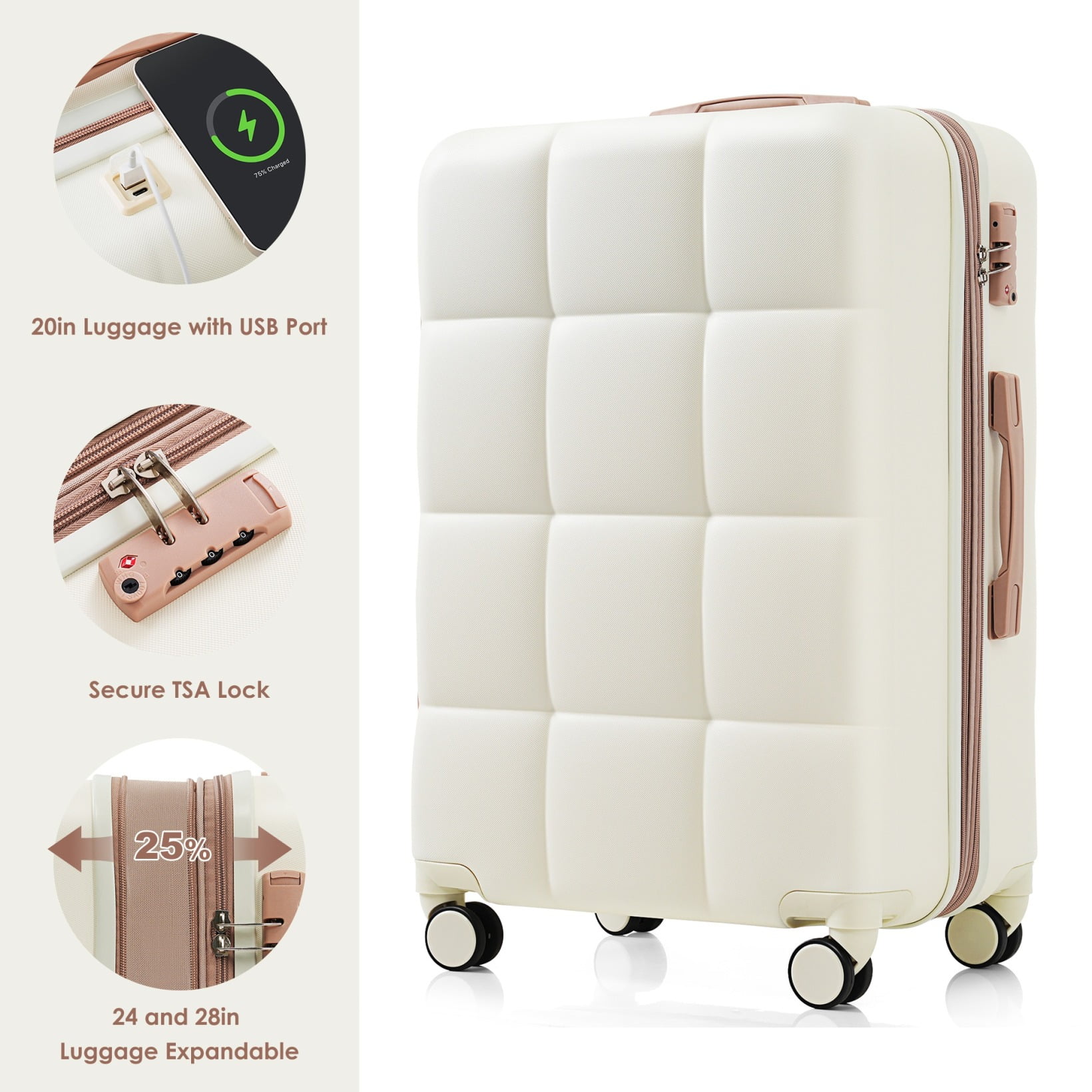 3 Piece Luggage Set , 20/24/28 inches Suitcase Set , ABS Hardshell Expandable Luggage Sets with TSA Lock,20-inch with USB Port, Carry On Luggage for Men Women, Pink