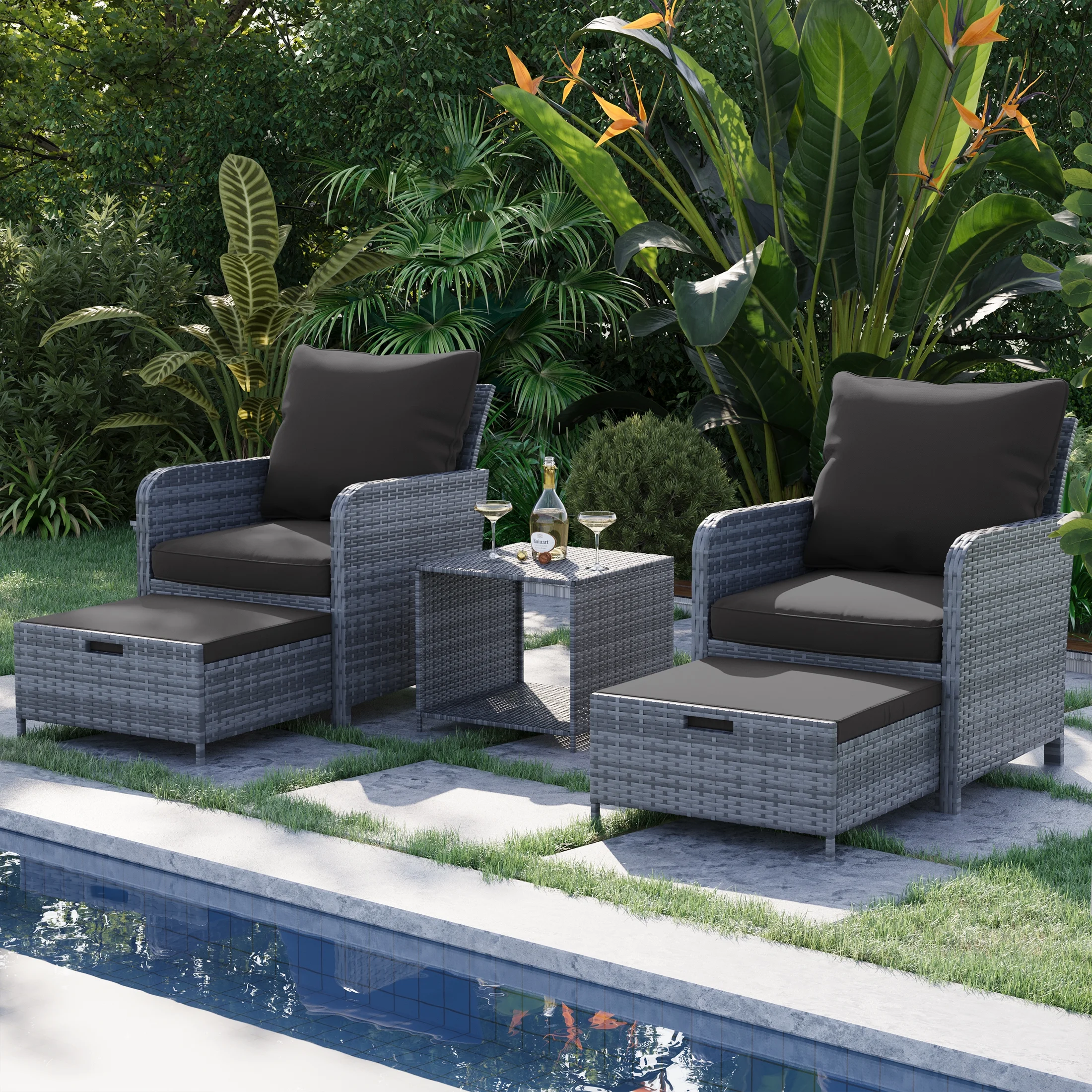 Poteban Balcony Furniture 5 Piece Patio Furniture Set, Outdoor Patio Chair with Ottoman for Front Porch Deck, Wicker Lounge Chair with Side Table, Grey