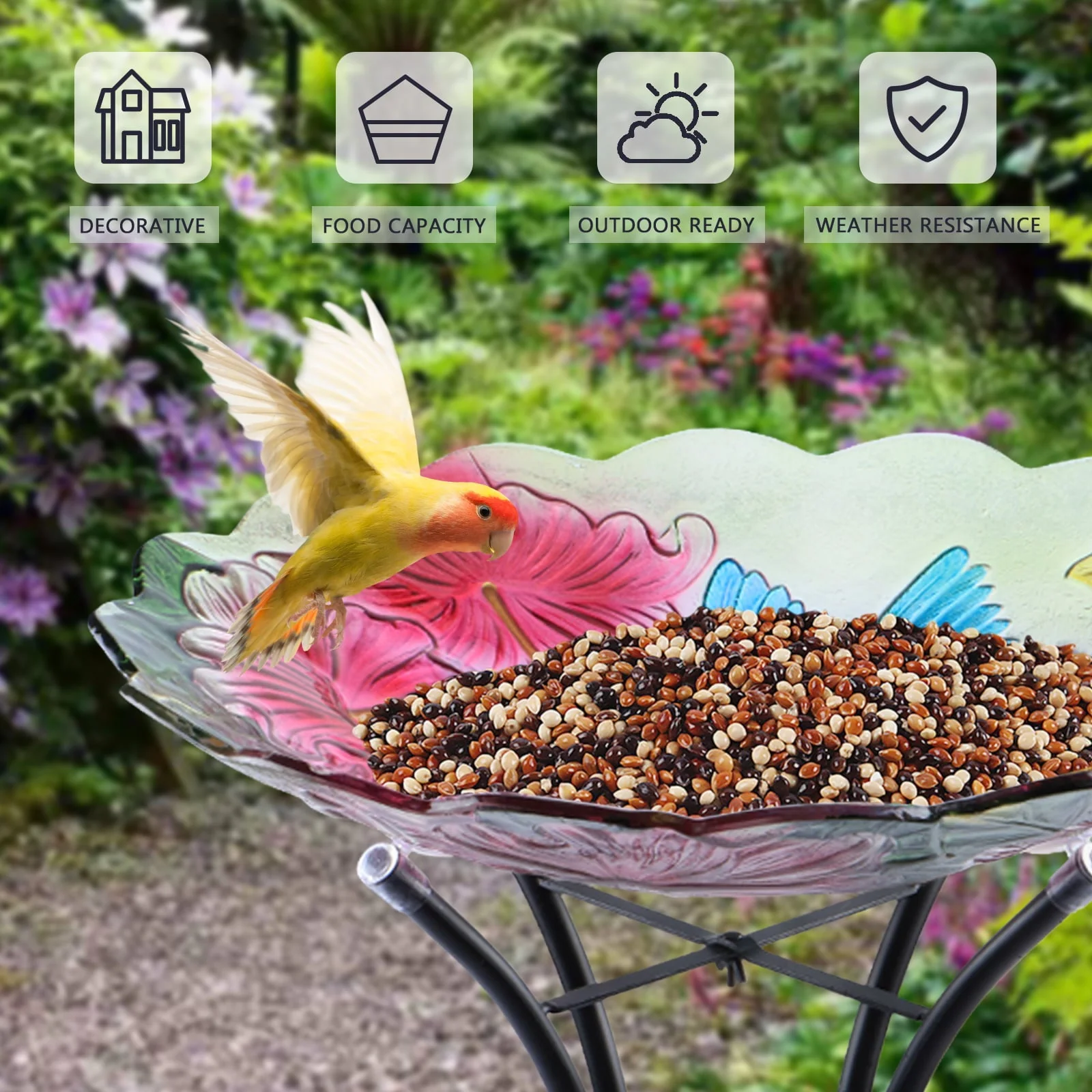 Glass Bird bath with Metal Stand for Garden, Bird Feeder 18 inch Bowl Pink Bird Bath Yard Lawn Decor