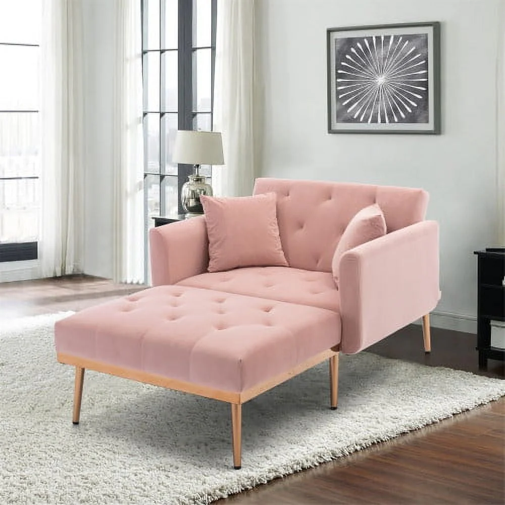 Velvet 2 in 1 Chaise Lounge Indoor Sleeper Chair, Convertible Chairs into Beds with 2 Pillows, Comfy Tufted Sleeper Chair for Bedroom, Living Room, Pink