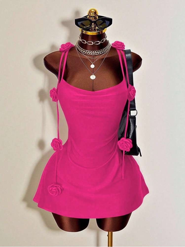 Flower Decor V Neck Sleeveless Mini Dress
