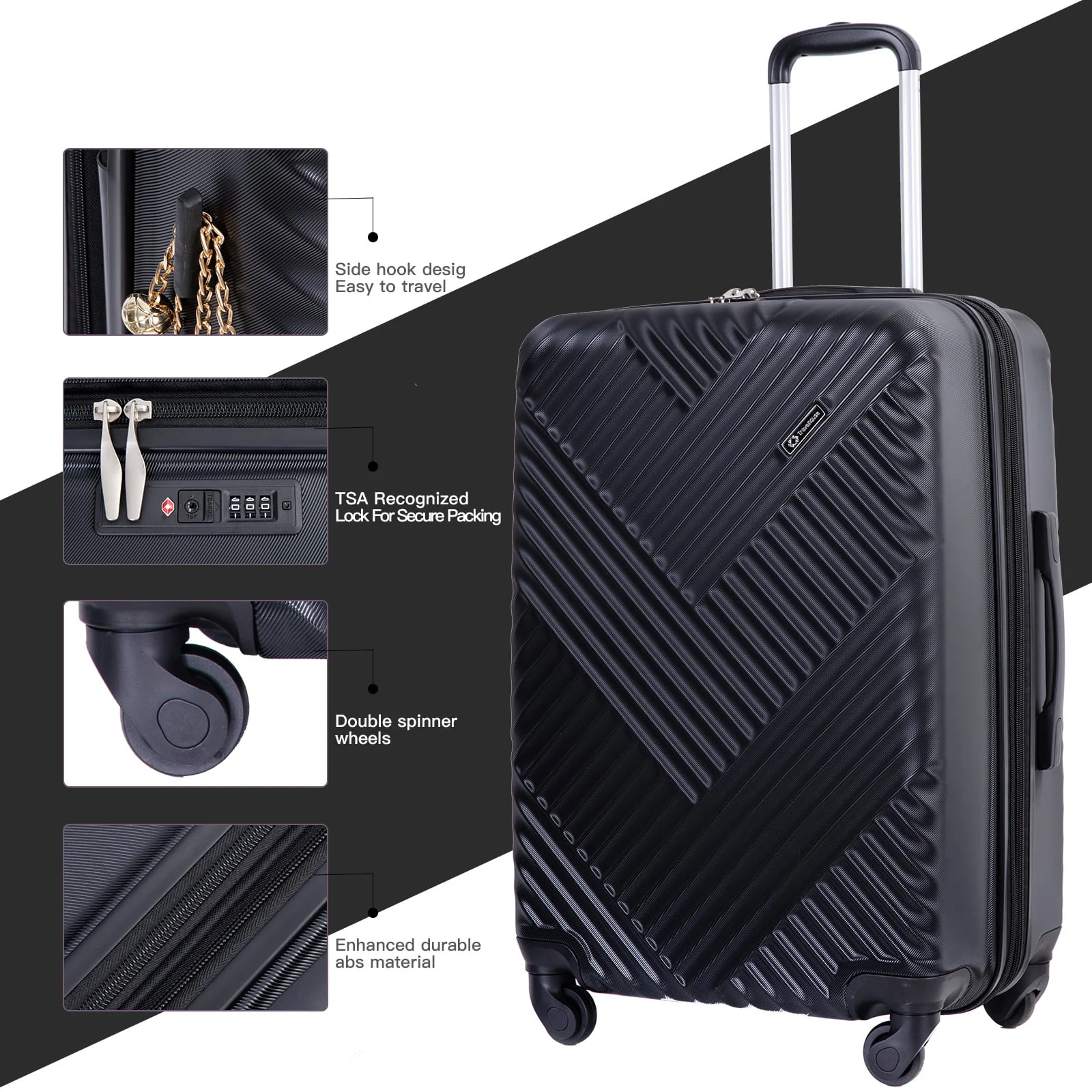 Travelhouse 3 Piece Luggage Set Hardshell Expandable Lightweight Suitcase with TSA Lock Spinner Wheels 20in24in28in.(Black)