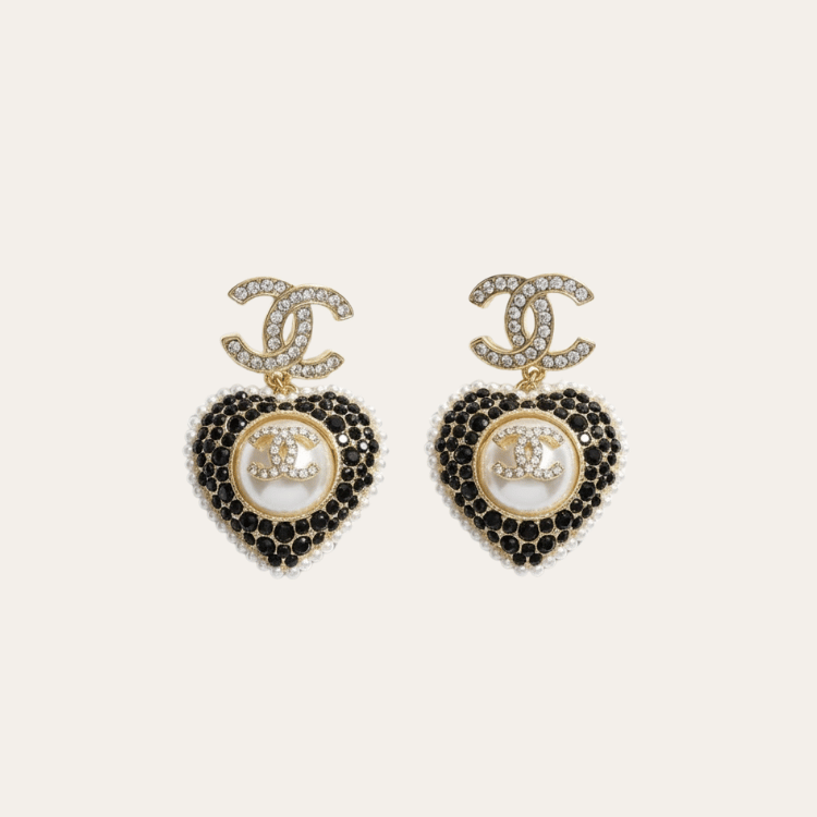 Chanel Cc Logo Heart Drop Earrings With Pearls And Rhinestones Black/White/Gold