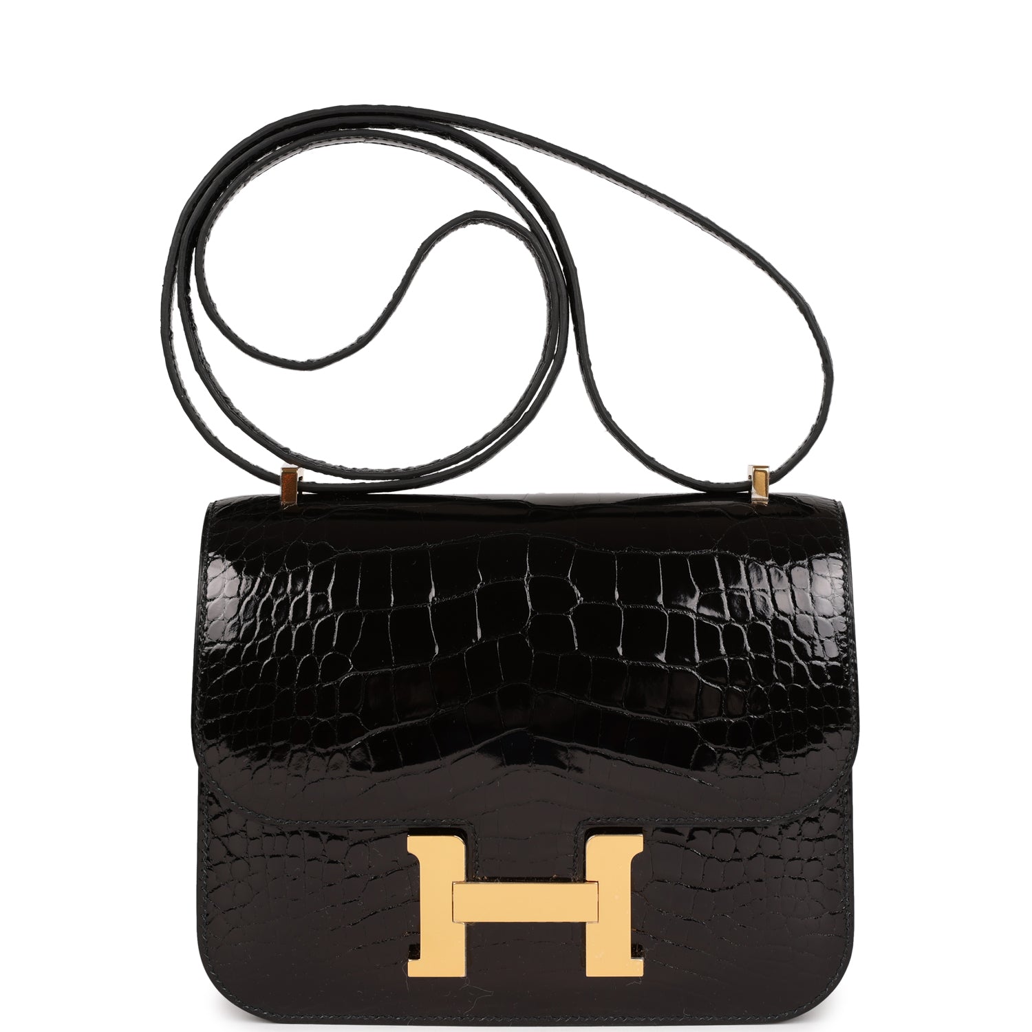 Constance 18 Black Shiny Alligator Gold Hardware