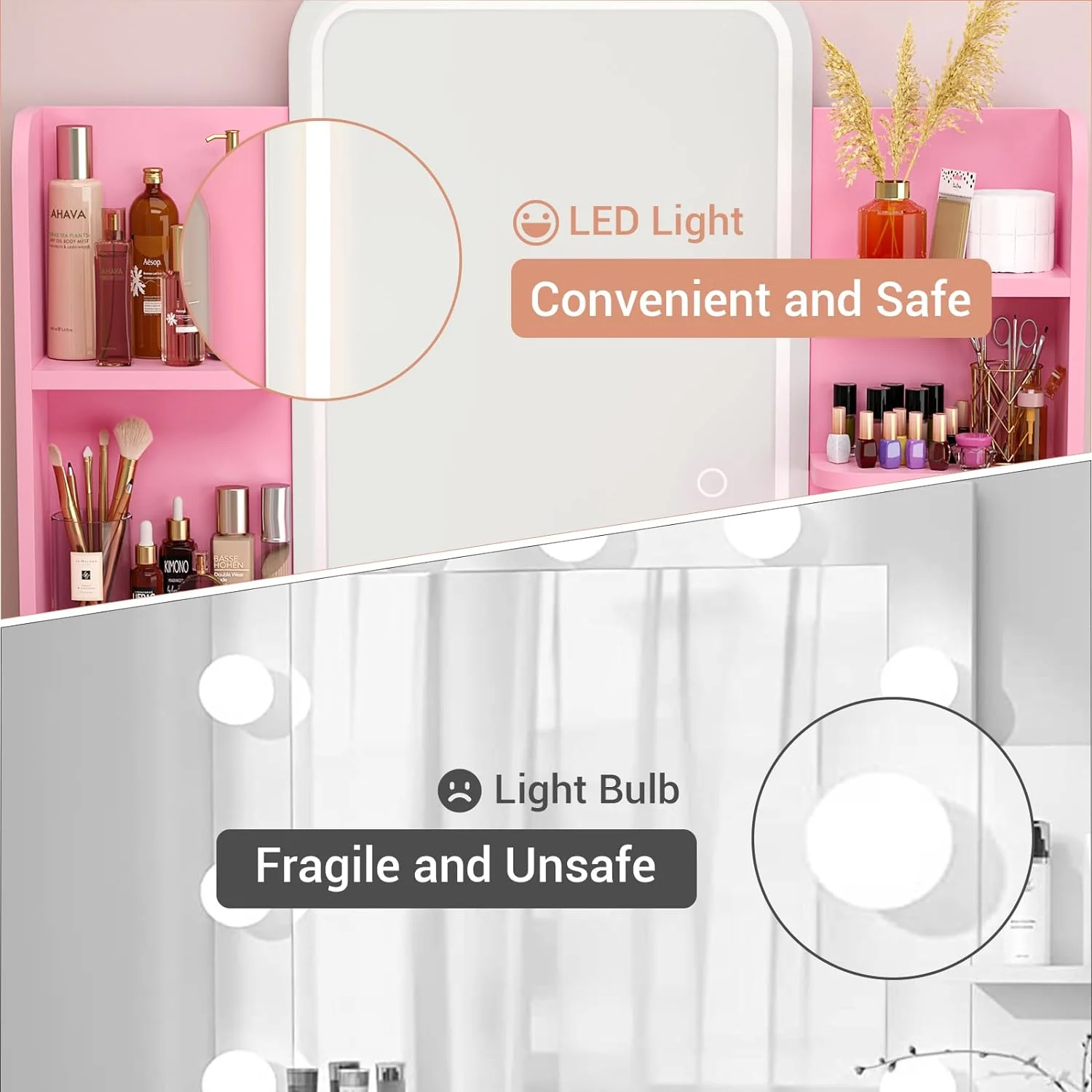 iSunirm Vanity Desk with Mirror and Lights, Makeup Vanity with 2 Drawers, Vanity Table Set with 3 Color Adjustable Lighting Options, Modern Dressing Table with Shelf, for Bedroom, Pink