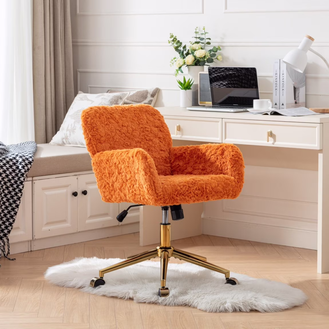 Furniture Office Chair,  Artificial Rabbit Hair Makeup Vanity Chair Chair, 360 Comfy Swivel Armchair with Wheels, Modern Height Adjustable Cute Vanity Chair for Living Room Small Spaces Pink