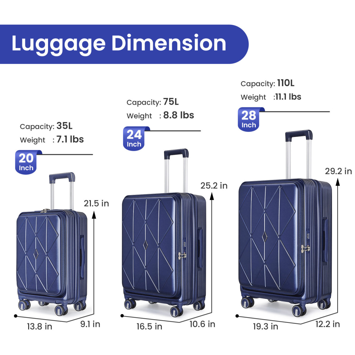 3 Piece luggage sets, Expandable Luggage 20/24/28 Inches with TSA Lock, PC Hardshell Luggage with Front Compartment, Airline Approved, Pink