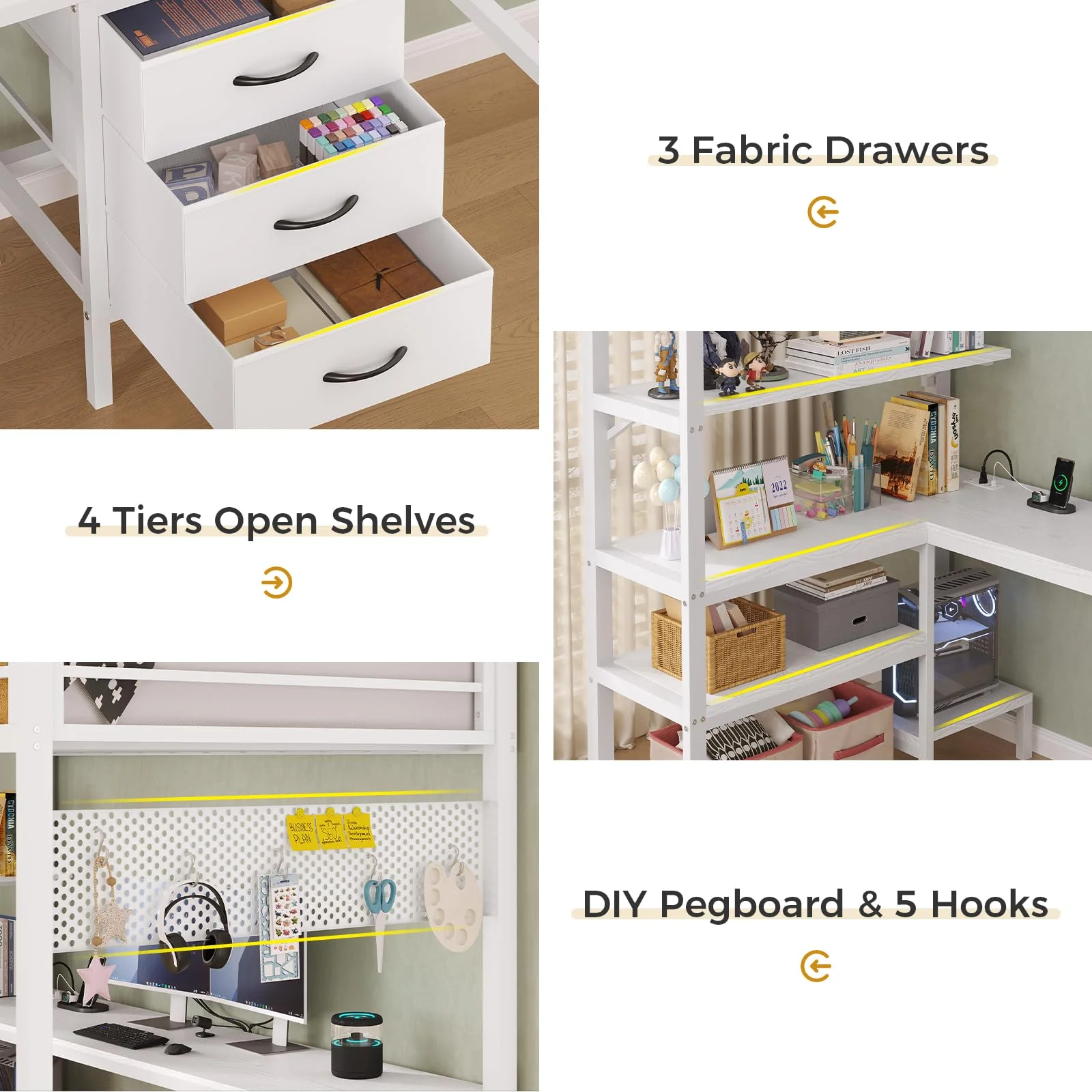 Afuhokles Loft Bed Twin Size with L-Shaped Desk and Charging Station, LED Light Twin Metal Loft Bed with Fabric Drawers and Shelves, Gray