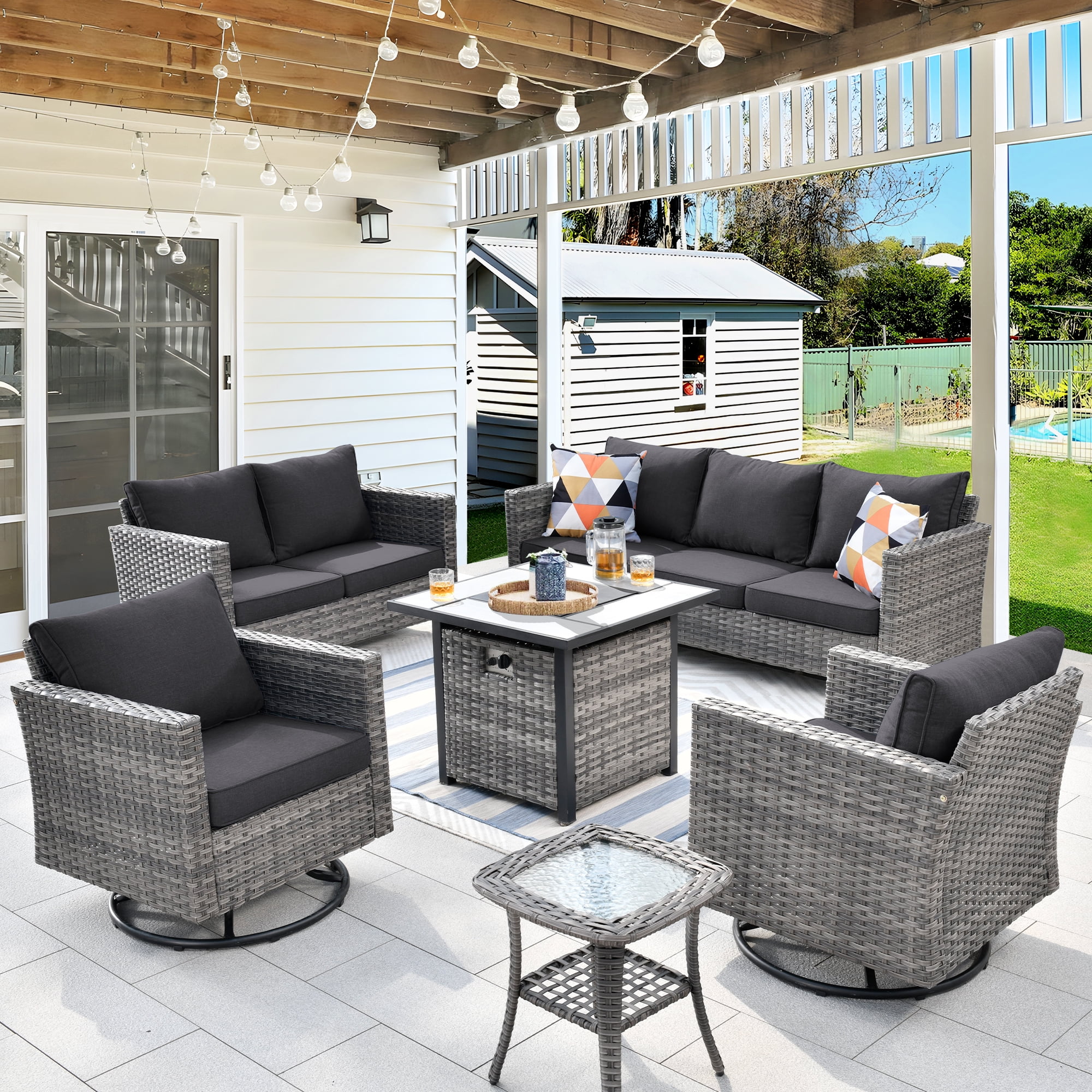 Ovios 6 Pieces Outdoor Patio Furniture Set with Gas Propane Fire Pit Table Wicker Outdoor Conversation Set with Swivel Rocking Chair for Backyard, Cushion Beige
